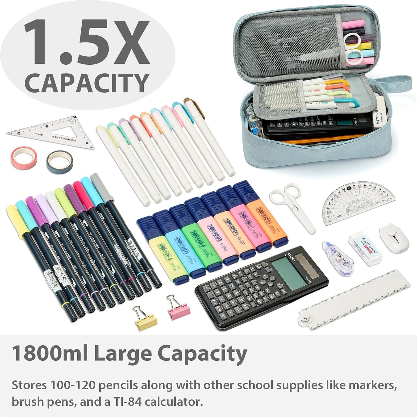 Pencil Case Pouch Box Bag School Supplies Girls Boys Kids, Cute Preppy Stuff Large Big Capacity Aesthetic Pen Organizer, Back to College Stationary, Pink, Classic Stlye, 1800ml