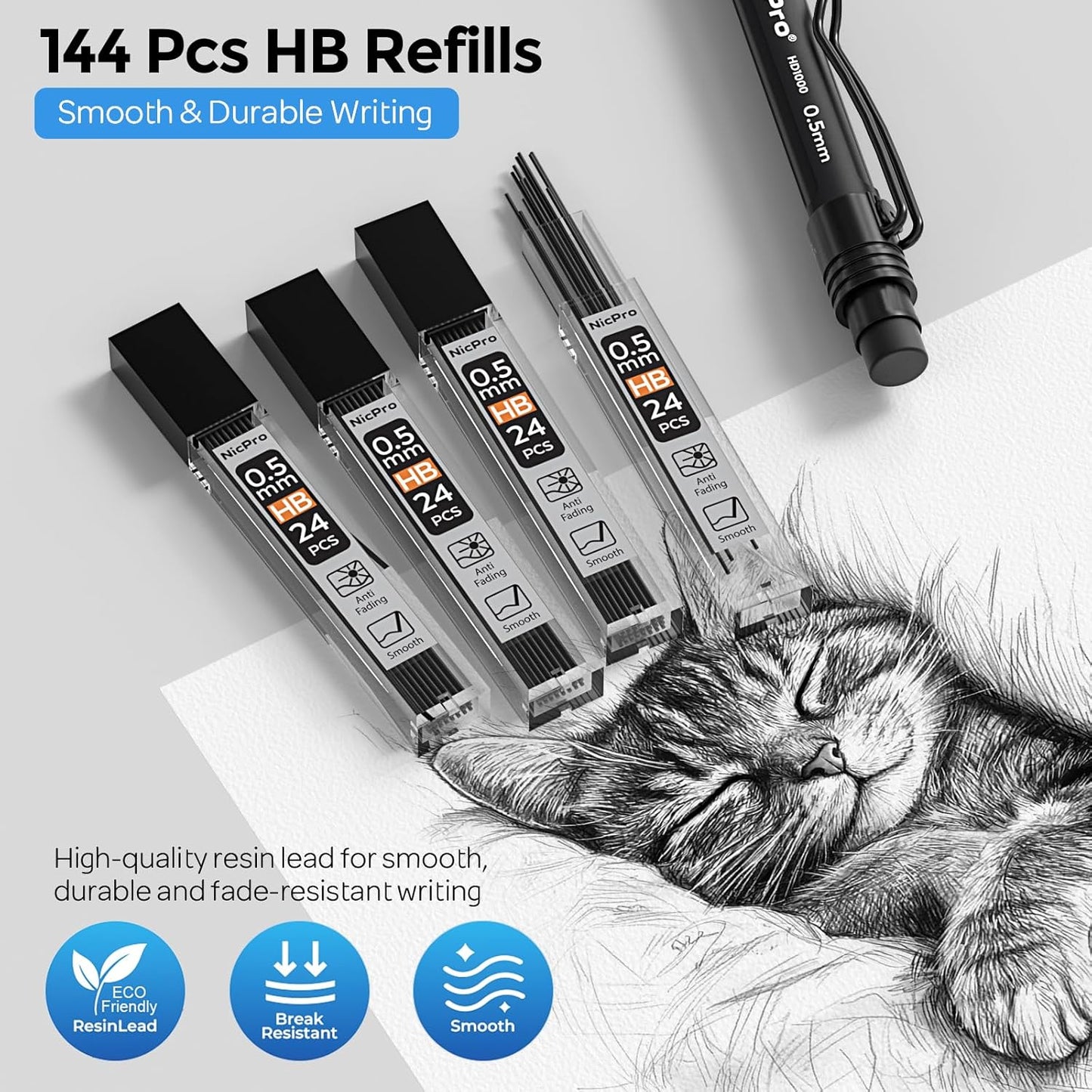 Nicpro HD1000 0.5 mm Art Mechanical Pencil Set in Case, 3 PCS Weatherproof Mechanical Pencils with 6 Tube HB Refills, Eraser, Weatherproof Barrel for Outdoor Writing Marking Drafting Drawing Sketching