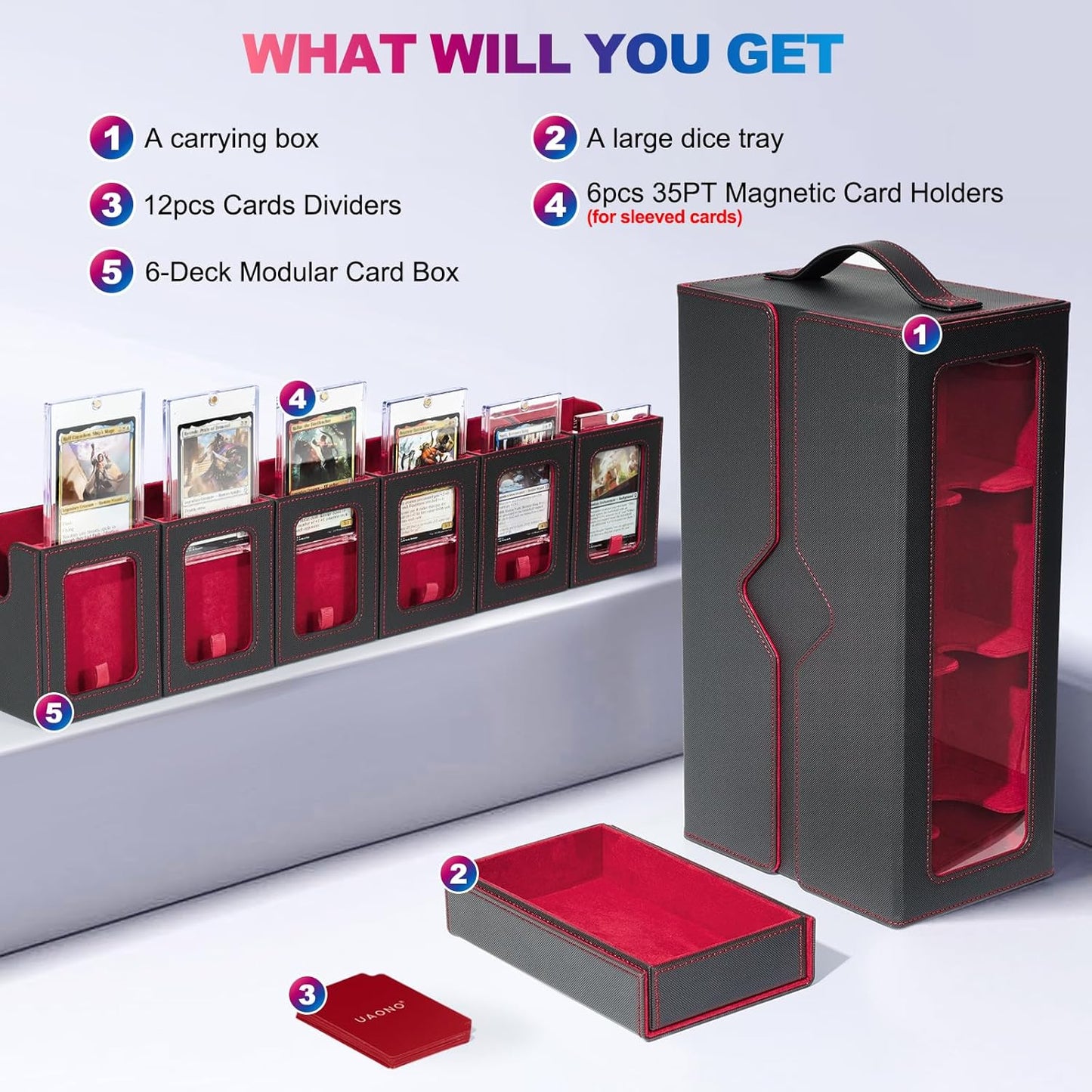 Commander Deck Box for MTG, 6-Deck Modular Card Case with Dice Tray Holds 600+ Double-sleeved Cards, Removable Trading Cards Storage Box with 35PT Magnetic Card Holders for TCG, Black Red