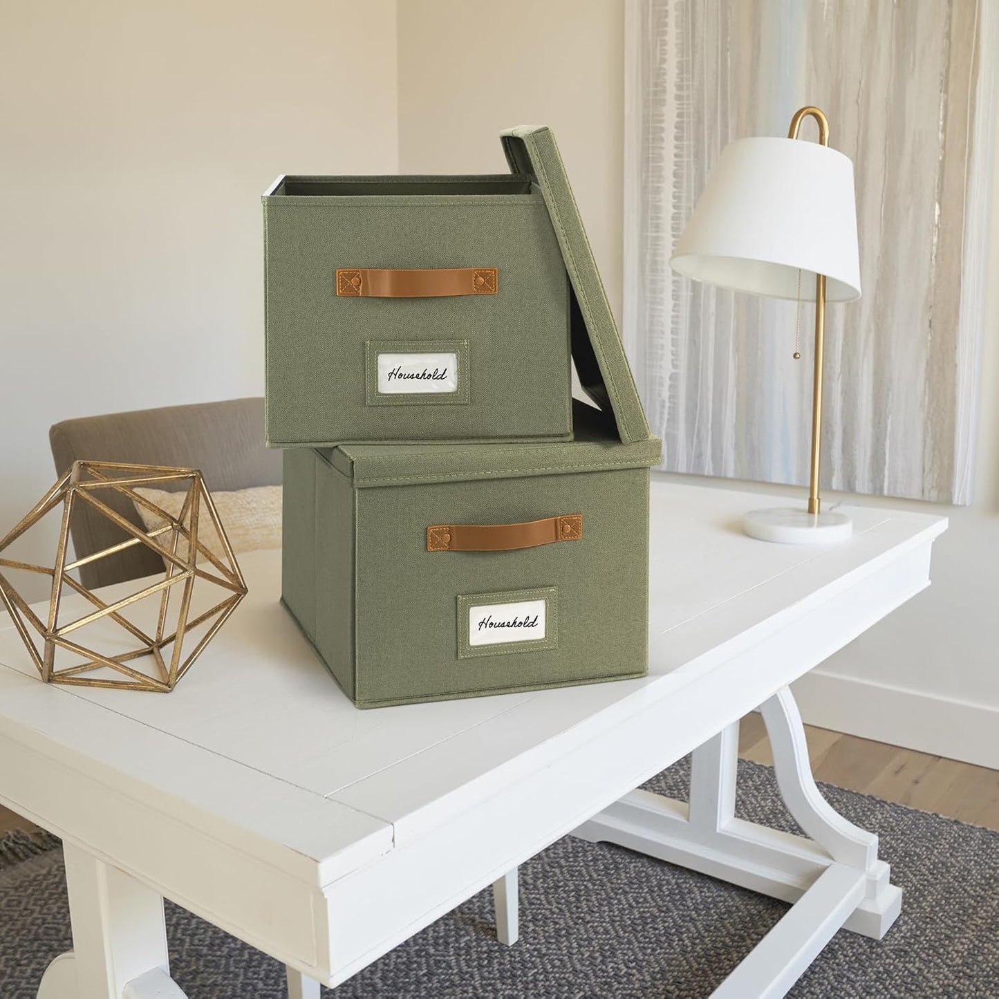 ZICOTO Decorative File Organizer Box Set of 2 - Collapsible Linen Filing Cabinets w/Handles Are Perfect to Store all Your Documents & Hanging File Folders - Portable Easy Slide Crates with Lid