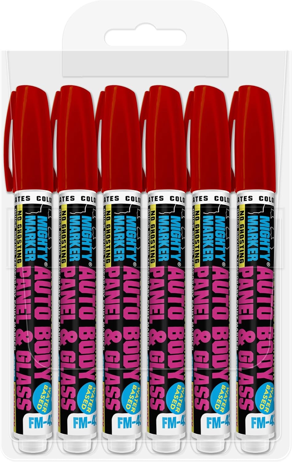 FM-43 Auto Body and Glass Paint Marker, No-Ghost, Highly Water-Resistant, 2.3mm Bullet Tip, Valve Action, 6 Bonus Reversible Tips, Made in USA - Red 6 Pack