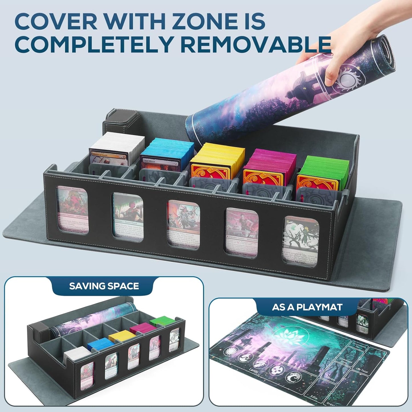 5-Row MTG Deck Box with Commander Display, Trading Card Storage Box for MTG TCG Sports Card，Card Deck Box with 1 Sieve box, 5 Toploaders, 5 Stoppers, 36 Colorful Dividers (Black & Grey)