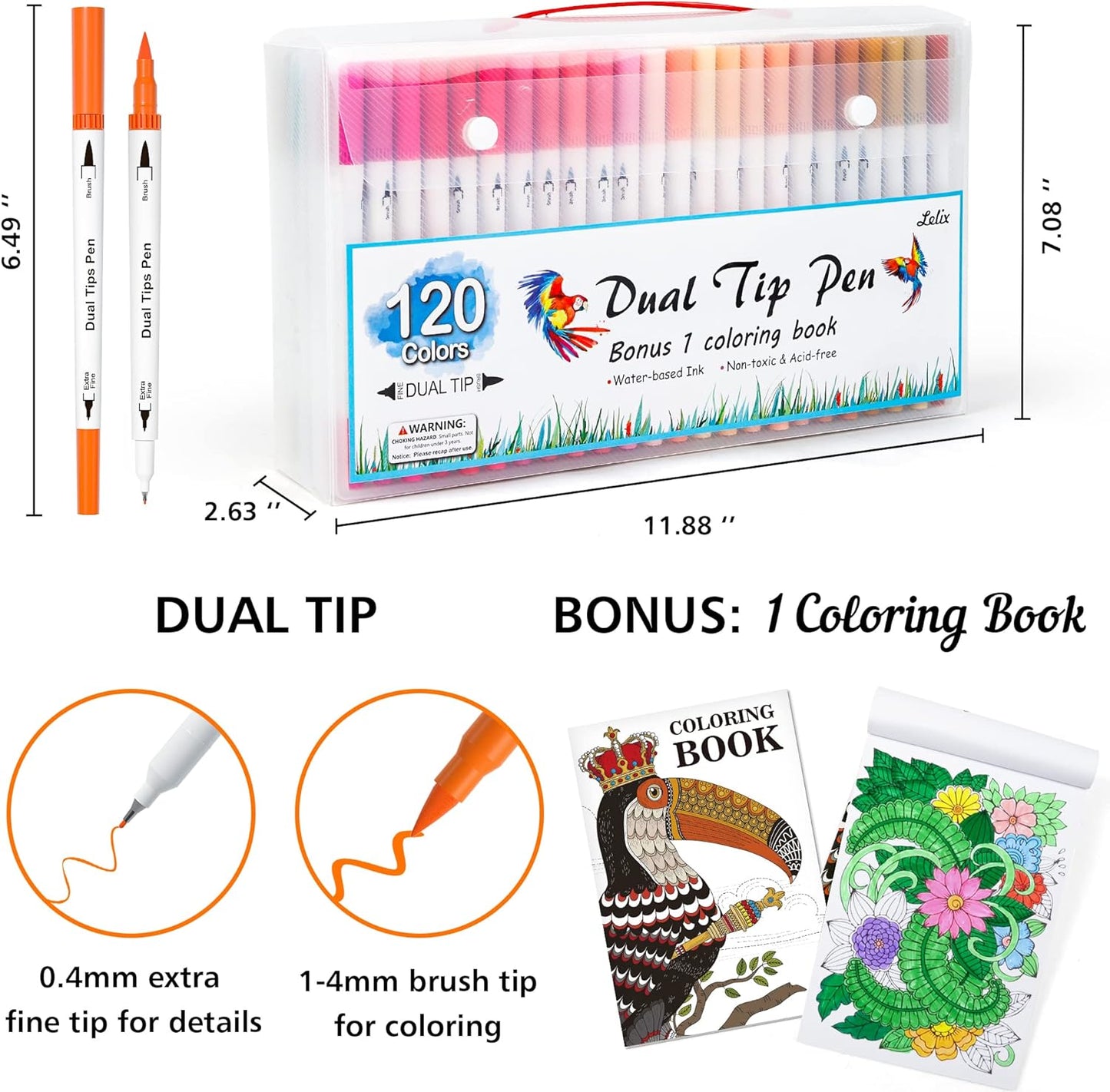 Lelix 120 Colors Dual Tips Brush Pens Art Markers with a Coloring Book, Brush and Fine Point Pens Fineliner for Adults Kids Coloring Books Calligraphy Journaling Lettering Drawing