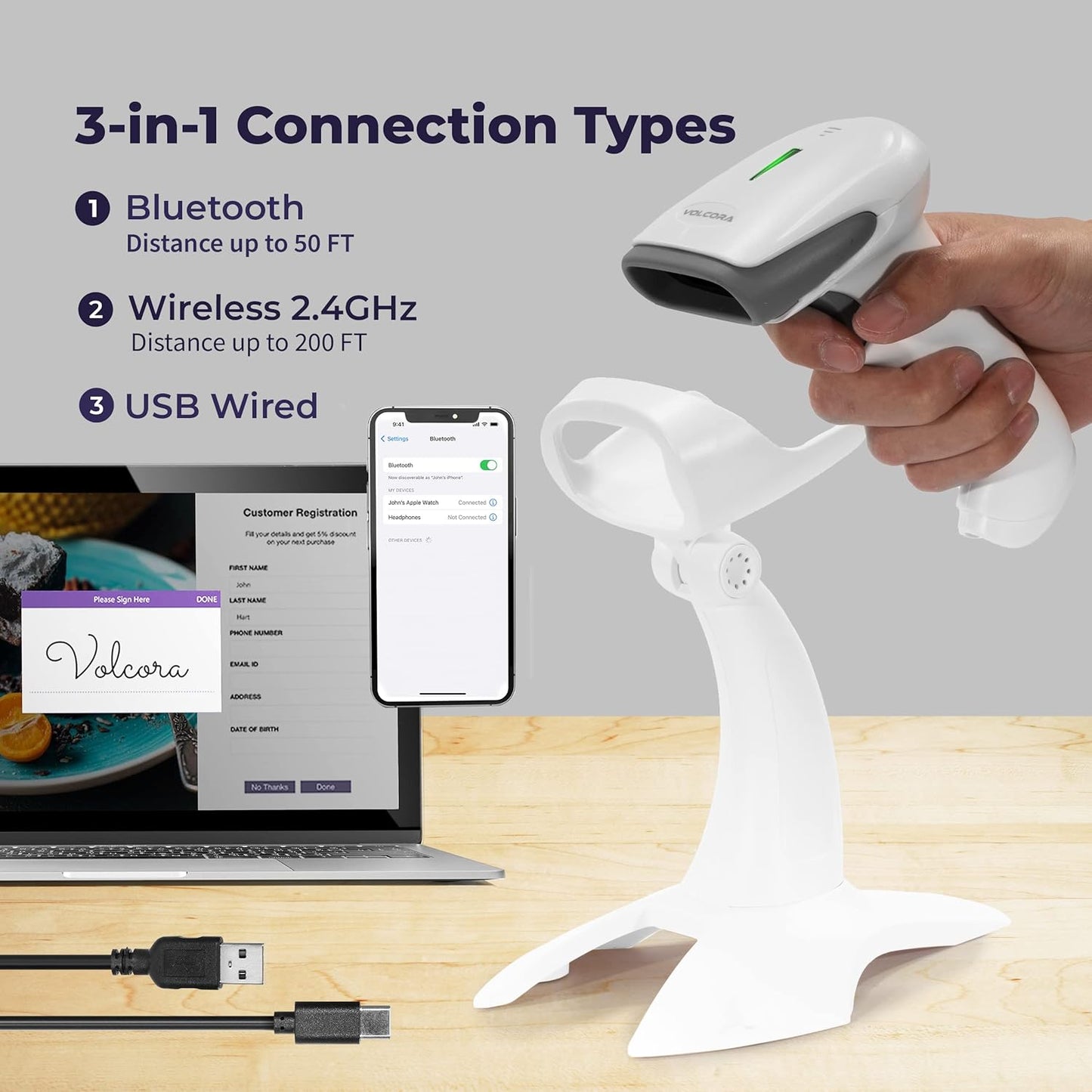 Volcora Wireless Bluetooth Barcode Scanner, QR Code Scanner, USB Portable Handheld Scanners w/Stand Connect w/Tablet/Phone/PC, 1D & 2D Inventory Scanner, Symbol Barcode Scanner for Retail & Warehouse