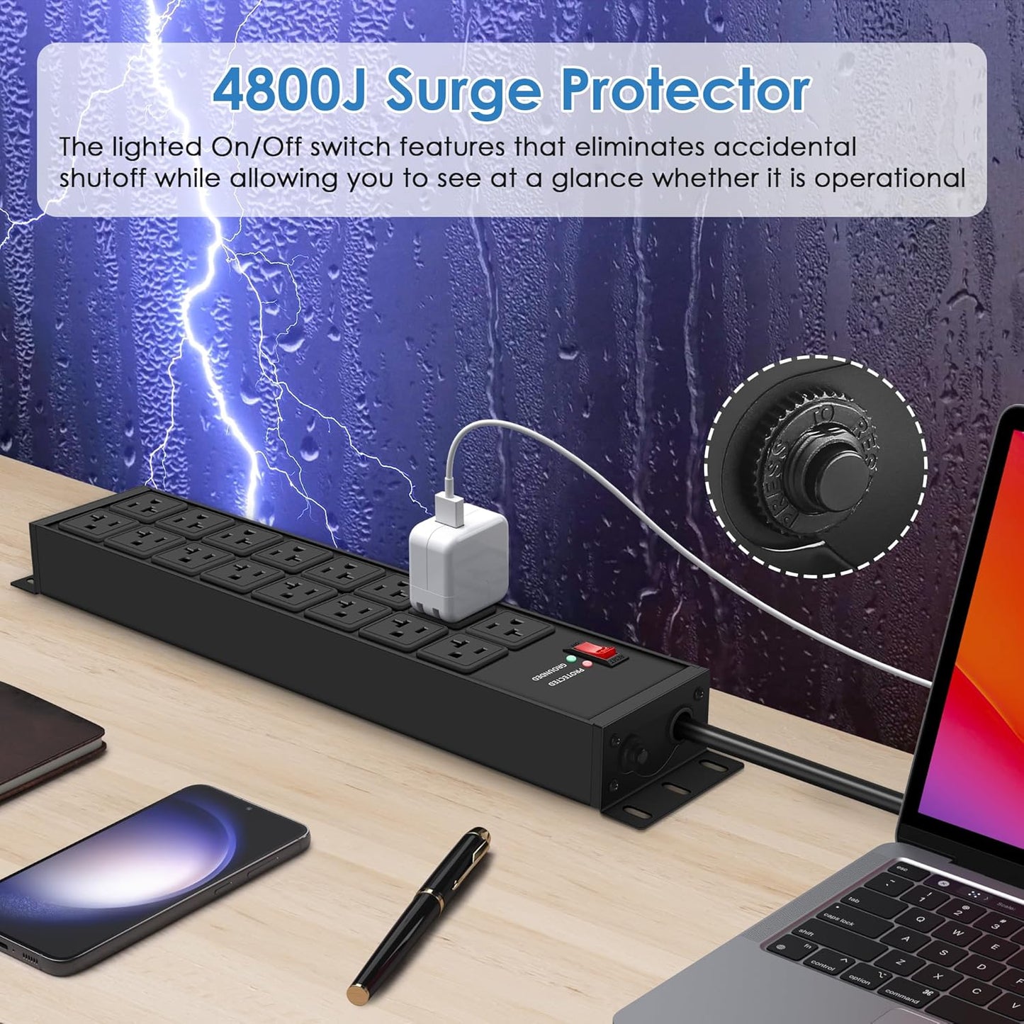 JUNNUJ Heavy Duty 20 Amp Power Strip 4800J, 16 Outlets 12 Gauge Garage Industrial Surge Protector, High Amp 5-15P Adapter Shop 6-20R T-Slot Metal Outlet, 4 FT Extension Cord Commercial for Appliance