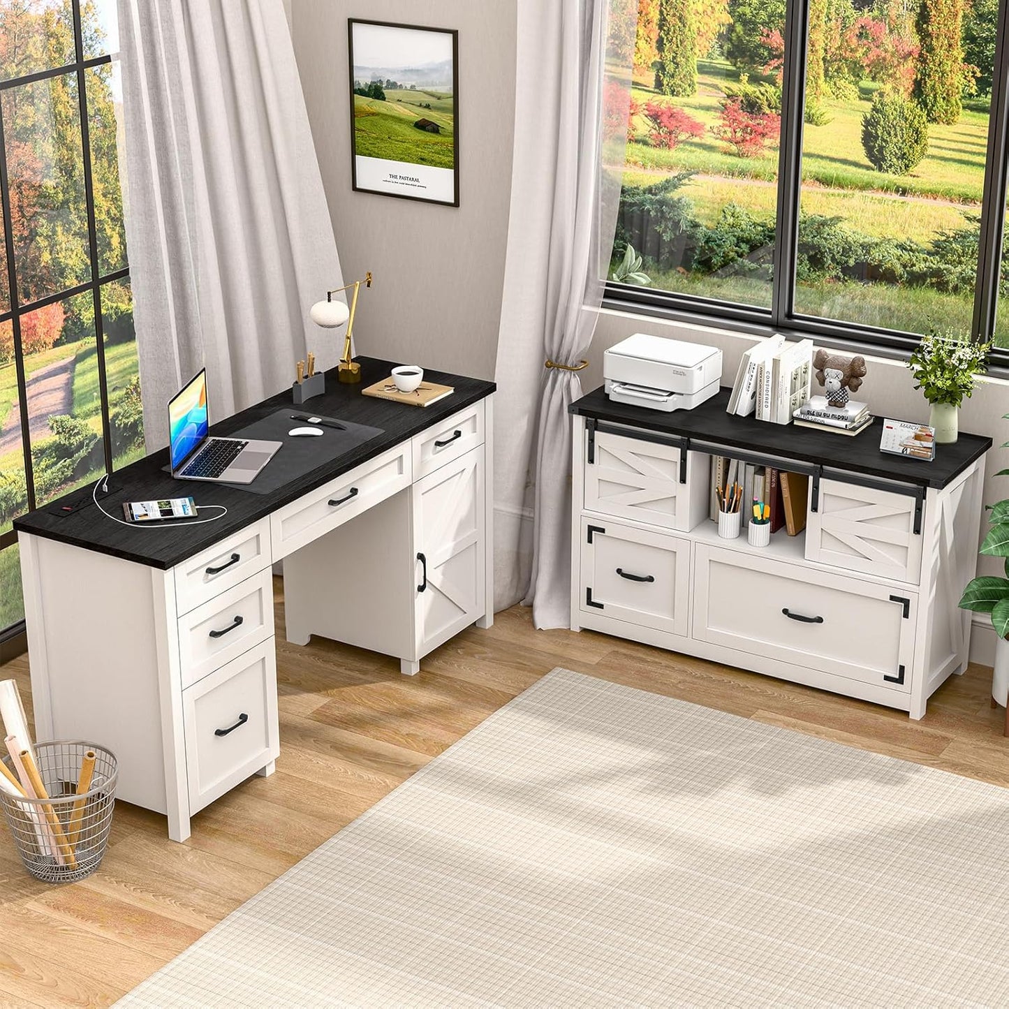 Lateral File Cabinets 2 Drawer with Sliding Barn Doors, Farmhouse Filing Cabinet with 2 Drawer for Home Office，Filing Organization Storage Cabinets for Hanging Files Letter/Legal/F4/A4.(Black.)