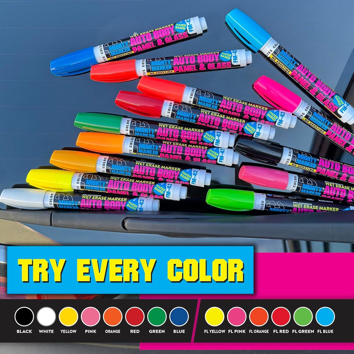 FM-43 Auto Body and Glass Paint Marker, No-Ghost, Highly Water-Resistant, 2.3mm Bullet Tip, Valve Action, 6 Bonus Reversible Tips, Made in USA - Red 6 Pack