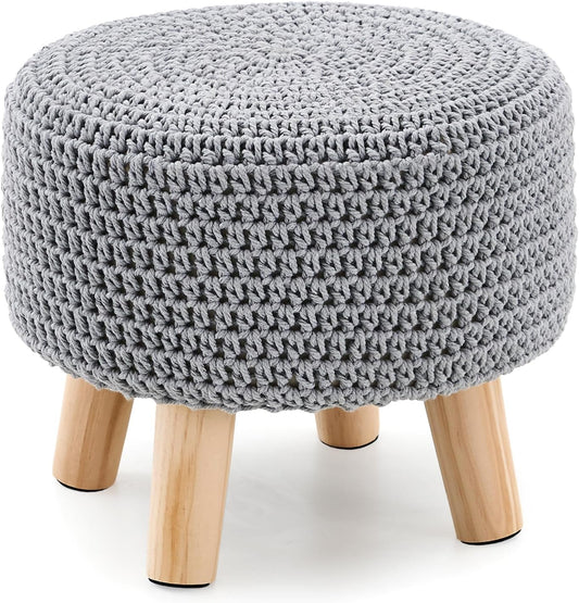 Boho Ottoman Foot Stool Cotton Knitted Round Pouf Ottoman Foot Rest Stool with Non-Skid Wooden Legs Step Stool Padded Seat for Living Room Gray