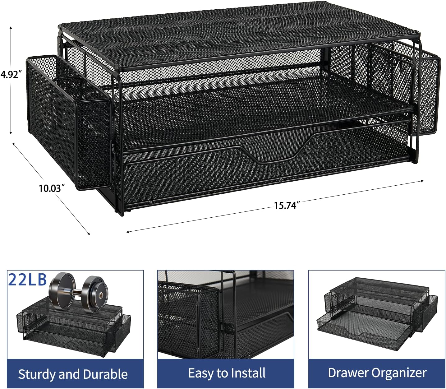 AUPSEN 2 Tier Computer Monitor Stands with Drawer and 2 Pencil Holder, Metal Monitor Stand Monitor riser, Computer Desk Organizer and Accessories for Laptop, Computer, Printer, Office Supplies(Black)