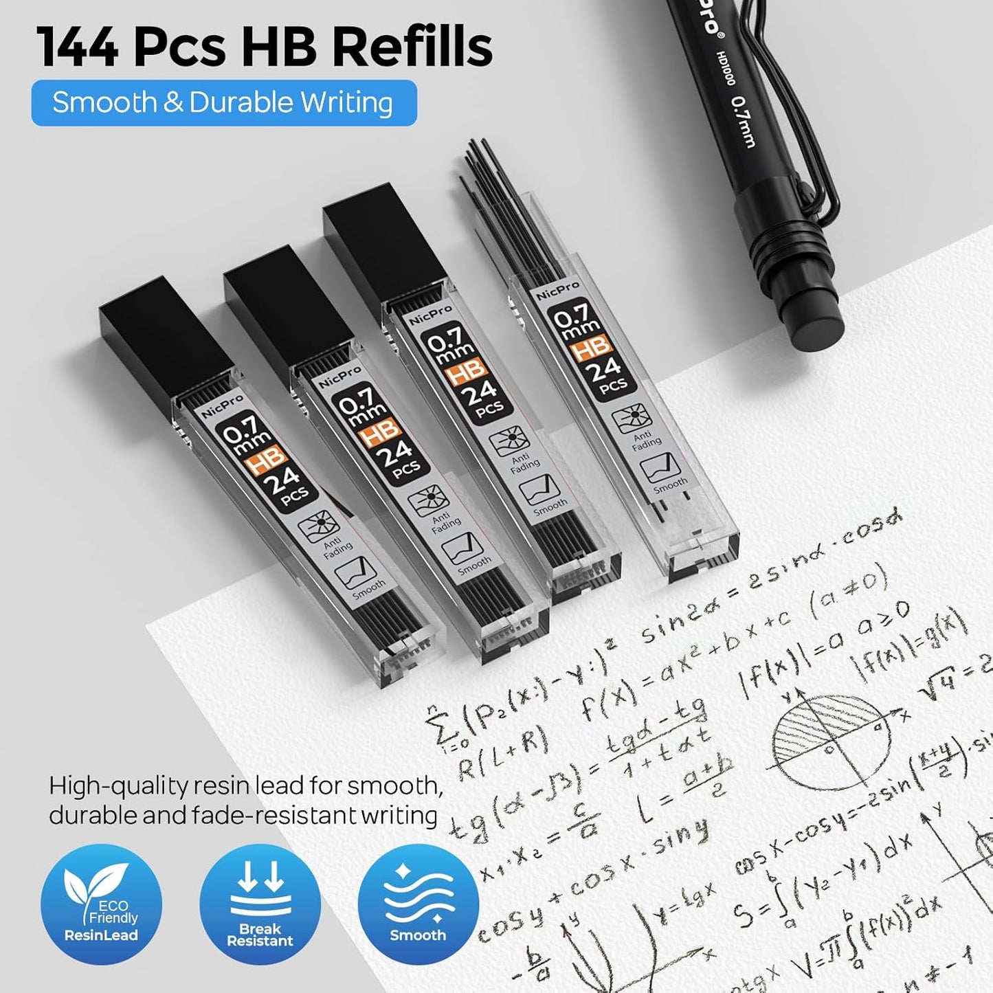 Nicpro 0.7 mm Mechanical Pencil Set with Case, 3PCS HD1000 Art Drafting Pencils Lead Pencil 0.7 With 6 Tube HB Lead Refills, Eraser, Weatherproof Barrel for Outdoor Writing Drafting Drawing Sketching