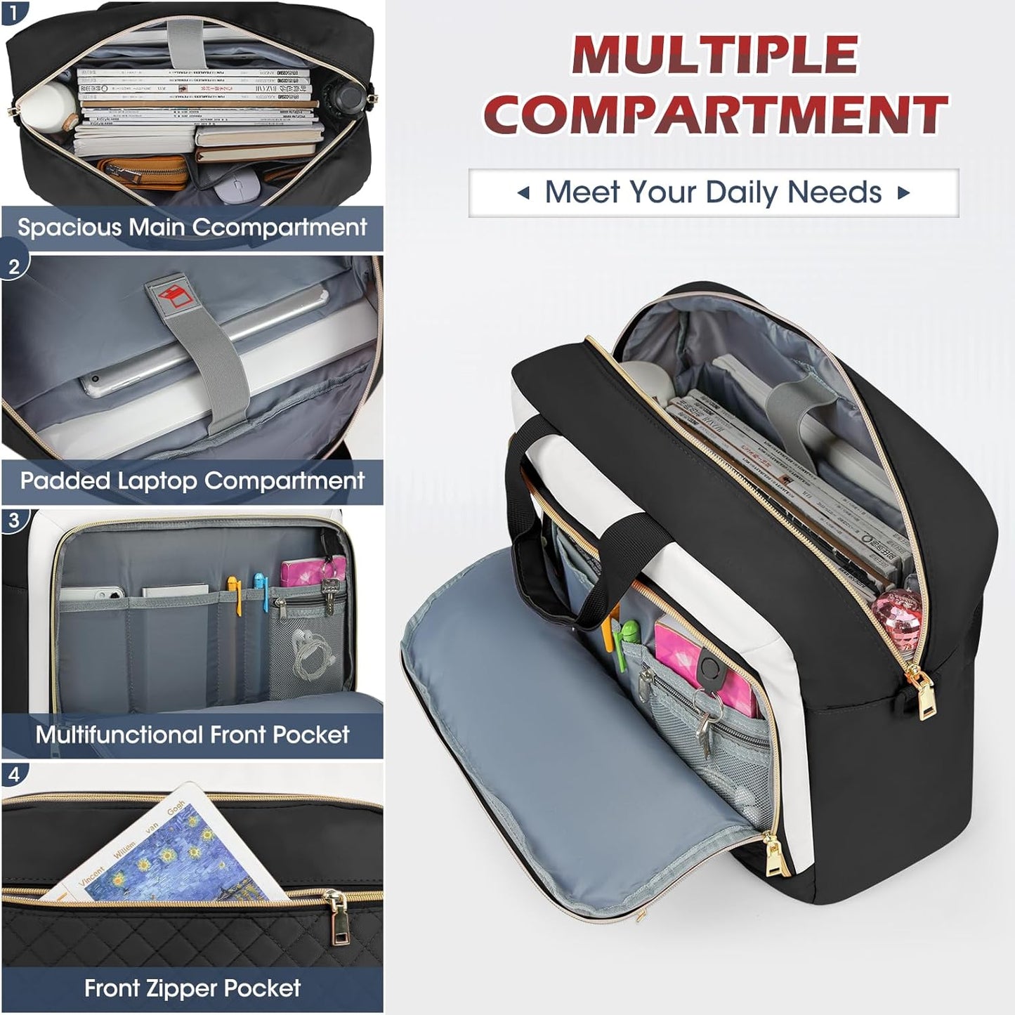 NEWHEY Laptop Bag 17.3 Inch Laptop Briefcase for Women Men Waterproof Shoulder Messenger Bag Large Computer Bag for Business Office Work College, Black&Beige