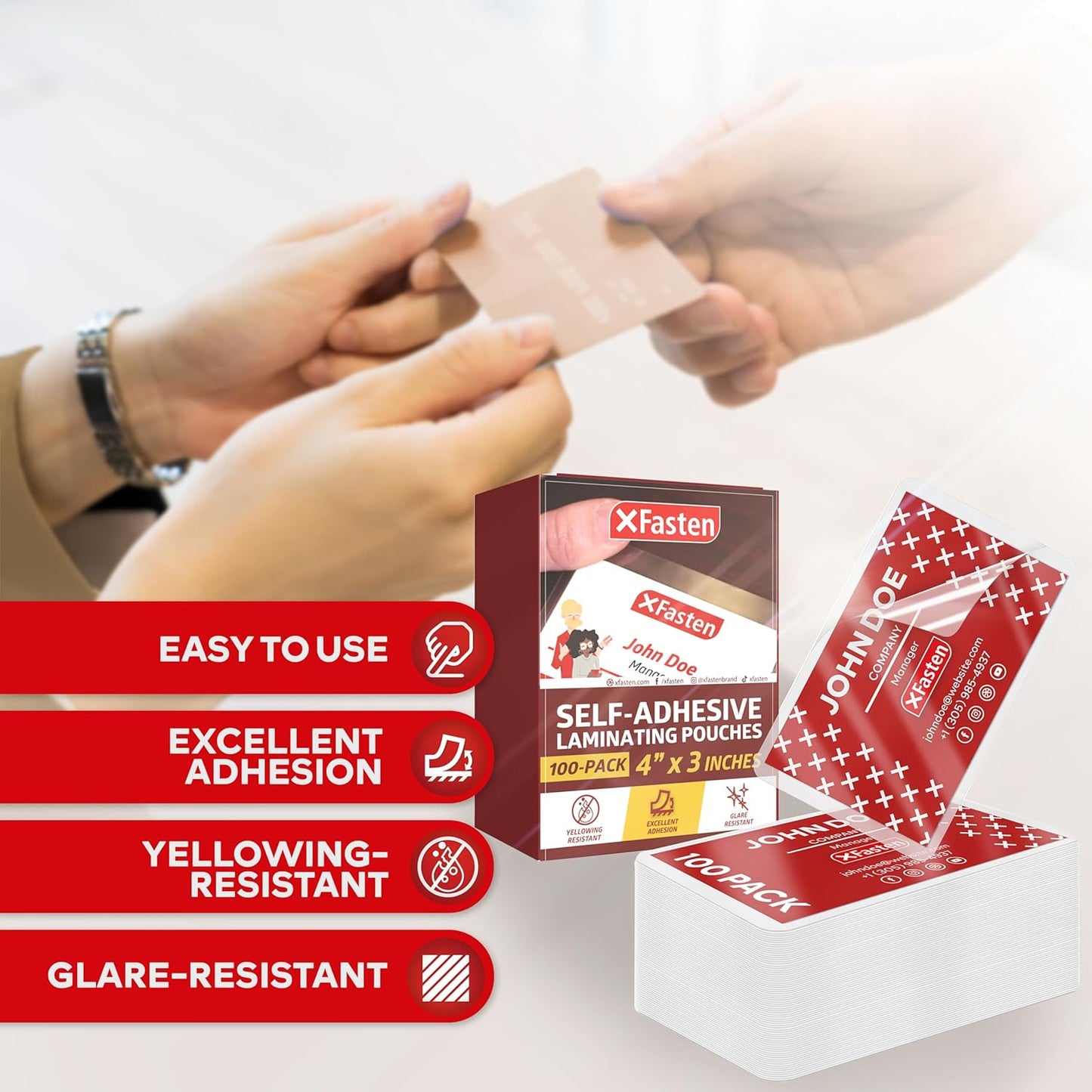 XFasten Self Seal Laminating Pouches Business Card Size 4-Inch x 3-Inch 100-Pack, 10 Mil Business Card Laminating Pouches Non-Yellowing Self Sealing Laminating Sheets Business Card Size