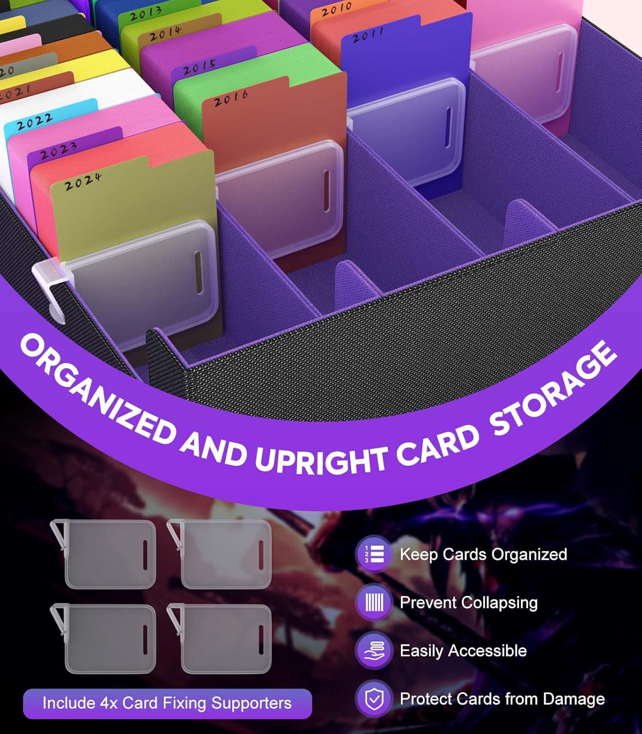 MoKo Trading Card Storage Box, 3000+ MTG Deck Box with 24 Colorful Dividers & 4 Card Supporters, Commander Card Deck Case Fits for Magic Game Cards, YugiOh, TCG, PTG and Sport Cards, Black Purple