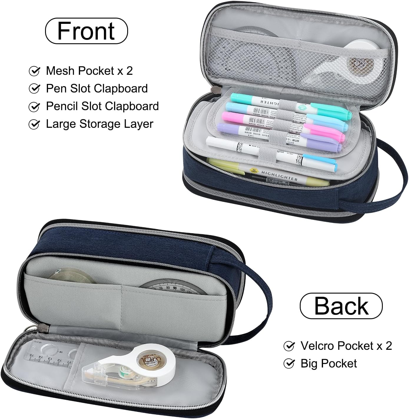 Pencil Case Large Zipper Pencil Pouch for Girls Kids Teens Adults Aesthetic Pencil Bag Stationery Organizer Pencil Case with Handle for School Blue