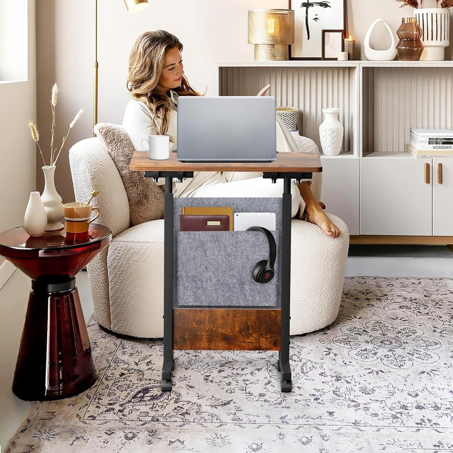 KOUPA Height Adjustable Standing Desk with Storage Bag widths16 in Length 24 in, Portable Rolling Mobile Stand Up Table with Wheels, 360 Degree Flip Laptop Computer Desk for Home Office, Rustic Brown