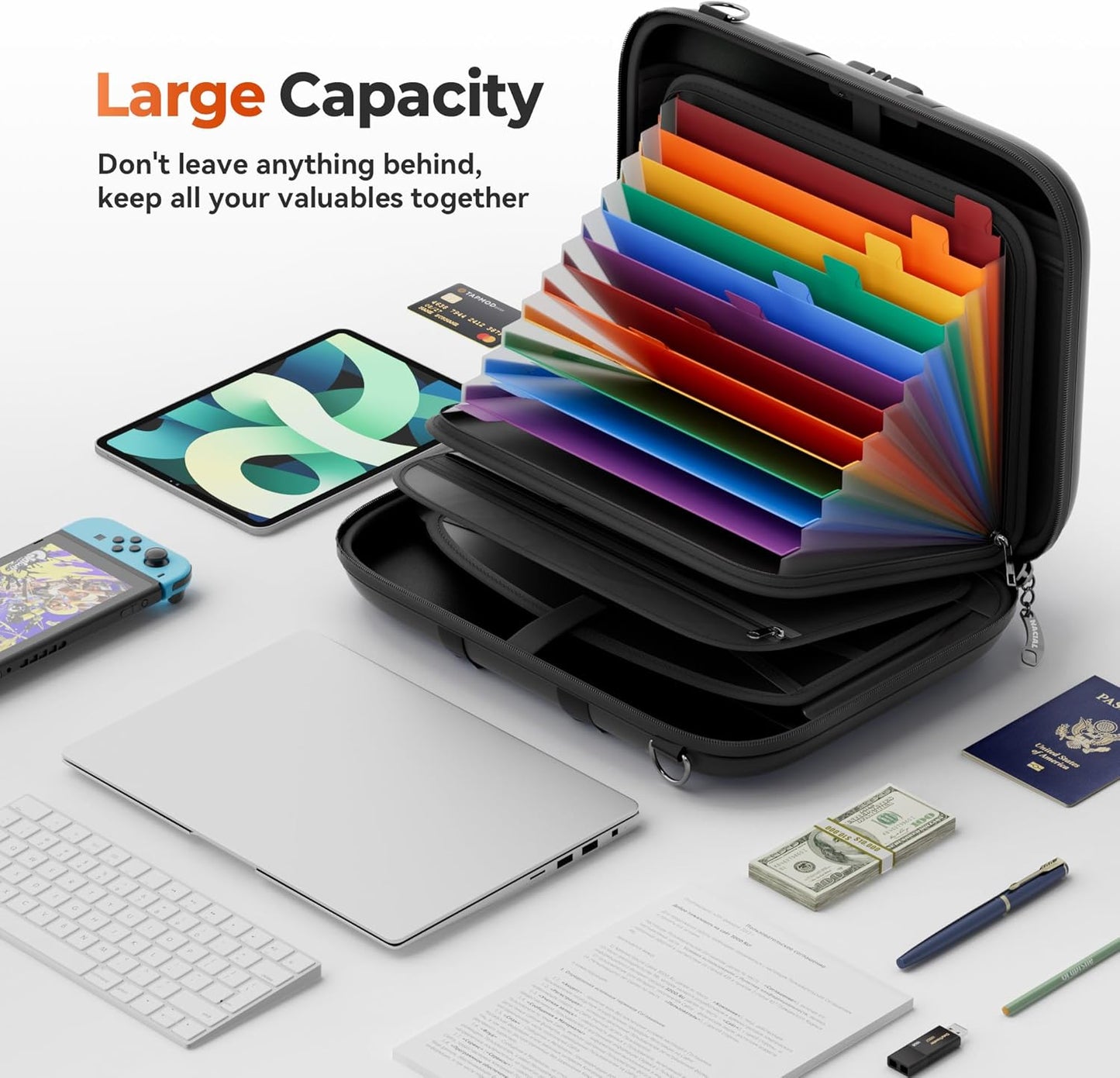 Nacial Fireproof Document Box with Lock & Shoulder Strap, Hard-Shell Fireproof File Organizer with 13 Pocket Accordion File Folder, Portable Safe Storage for Important Documents, Laptop, Black