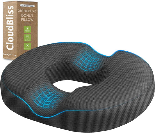 CloudBliss Donut Pillow Seat Cushion for Tailbone Pain Relief and Hemorrhoids, Memory Foam Chair Cushion for Postpartum Pregnancy, Seat Cushions for Men and Women for Home & Office, (Grey)