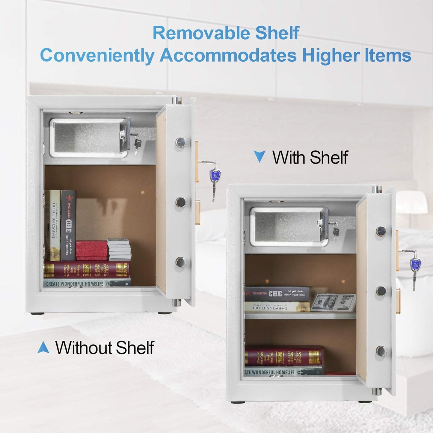 TIGERKING Safe Box,Home Safe,Large Security Box with Double Safety Key Lock and Password for Money and Document,3.7 Cubic White