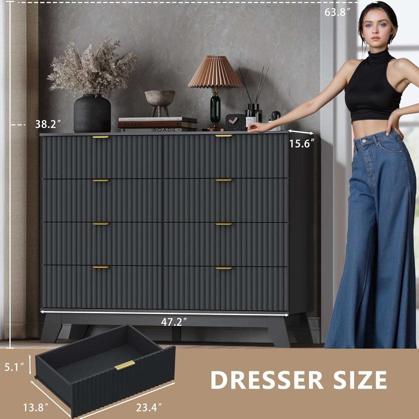 Fluted 8 Drawer Tall Dresser, 47.2" Wide Modern Boho Chest of Drawers, Wooden Storage Dresser TV Stand for Bedroom, Living Room, Closet, Hallway, Curved Profile Design