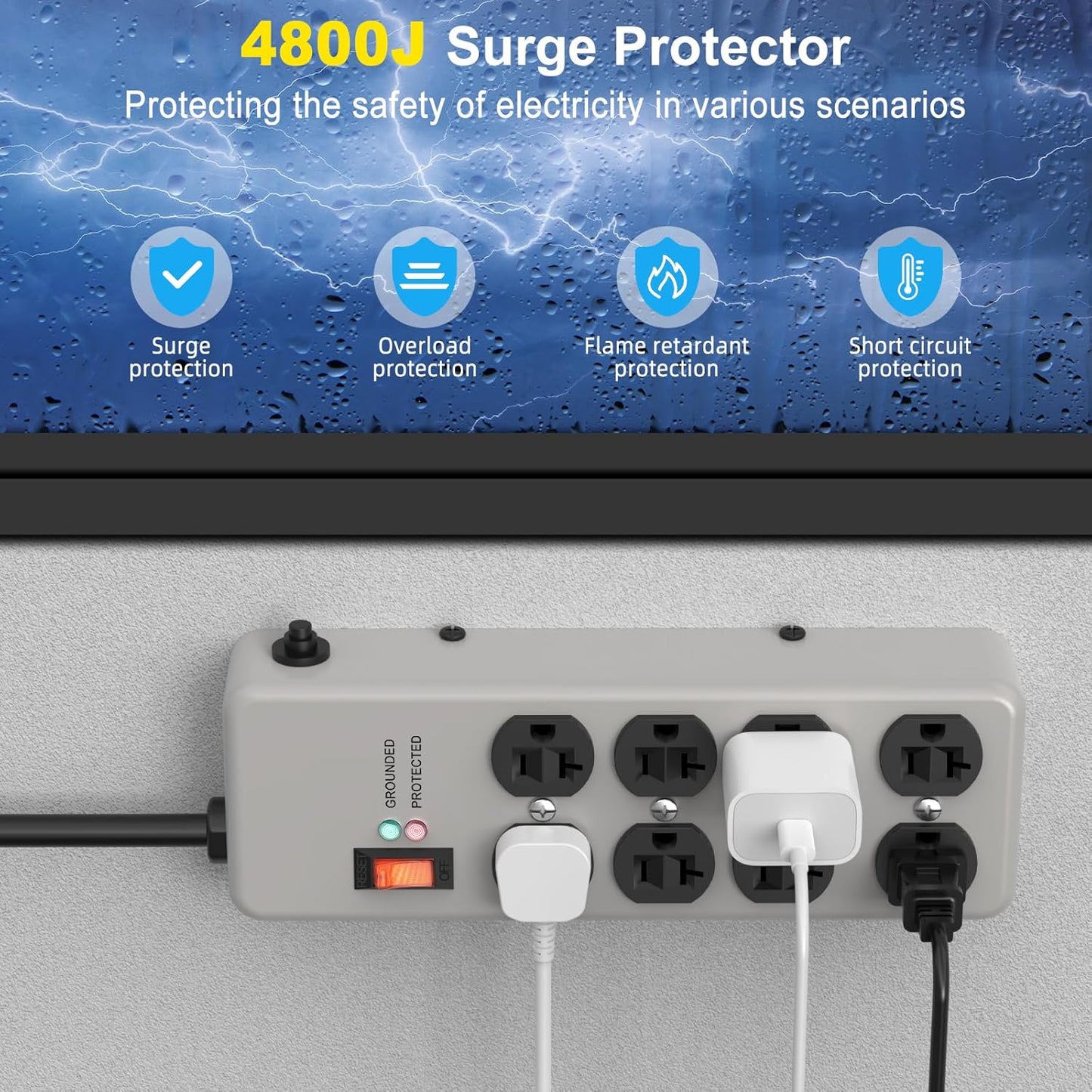 HEZI 20A Power Strip Surge Protector Durable Metal 8-Outlet with Heavy Duty 20 Amp Extension Cord,12 Gauge for Garage,Workshop & Industrial Use with 6-20R T-Slot Outlets,4800J(Grey,10FT)