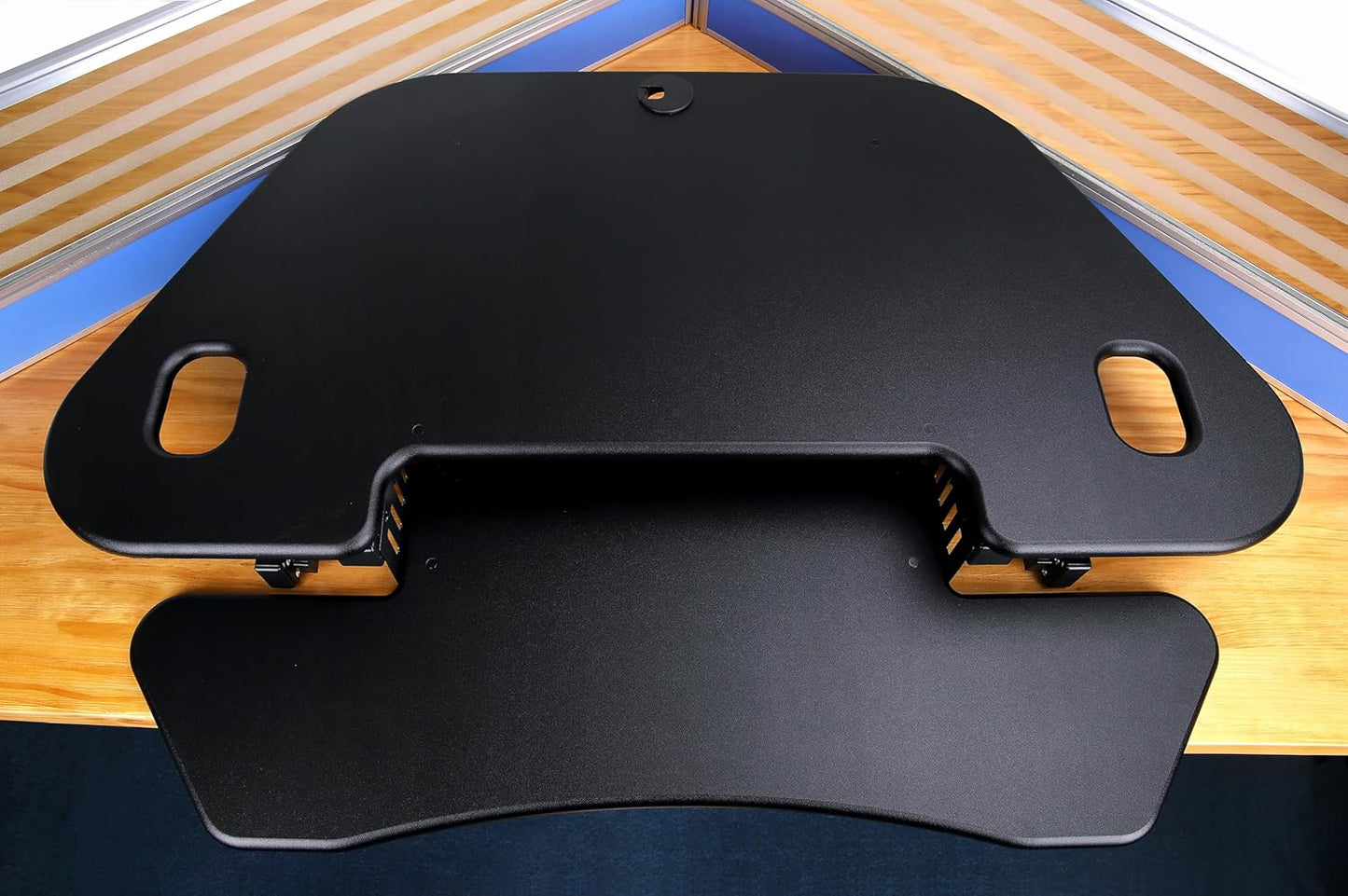 Rocelco 46" Height Adjustable Corner Standing Desk Converter with AC Outlet USB Charger and Dual Monitor Arm Mount - Stand Up Tabletop Riser Workstation - Keyboard Tray - Black (R CADRB-46-ACUSB-MA2)