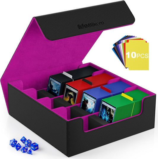 Mlikero Card Deck Case, 2400+ Trading Card Storage Box with 10 Colorful Dividers and 4 Foam Stoppers, Leather Magnetic Closure Commander Deck Box Fit for MTG, TCG (4 Rows, Black&Purple)