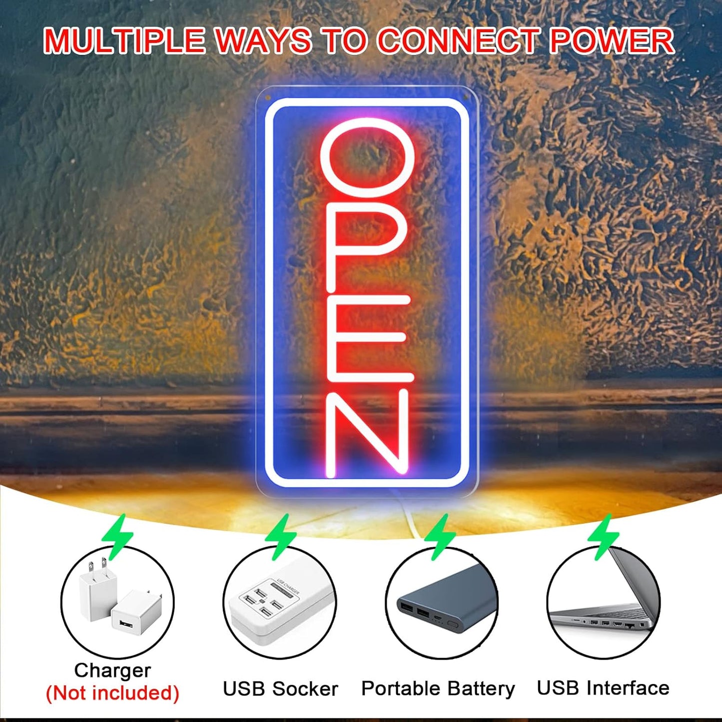 Led Neon Open Signs for Business,16.5"X 9" Open Signs, Powered by USB with ON/OFF Switch, Adjustable Bright Led Neon Open Sign for Bar Salon Coffee Stores Club Hotel (Blue/Red-Vertical)