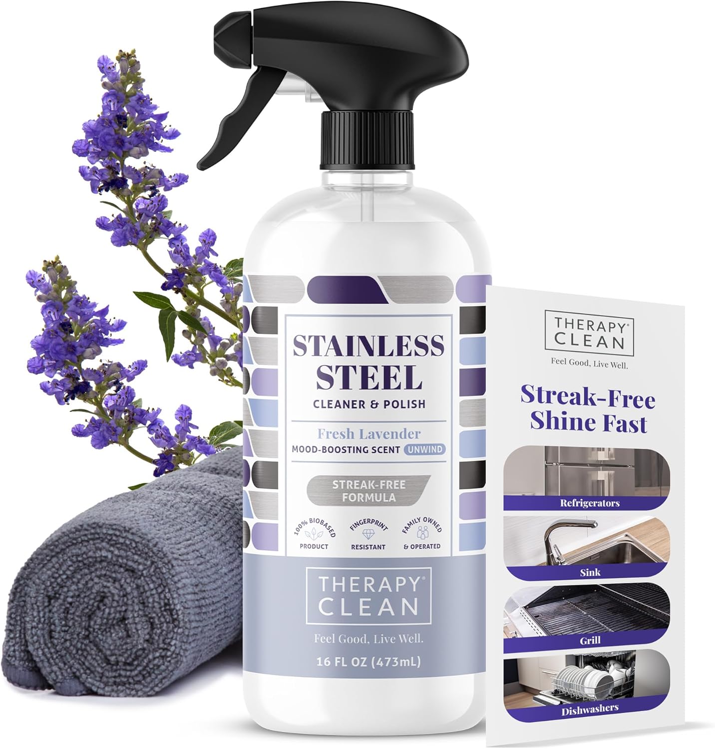 Therapy Stainless Steel Cleaner and Polish 100% USDA Biobased, Fingerprint and Residue Remover, Lavender Essential Oil Scent, Sink Cleaner, Grill Spray