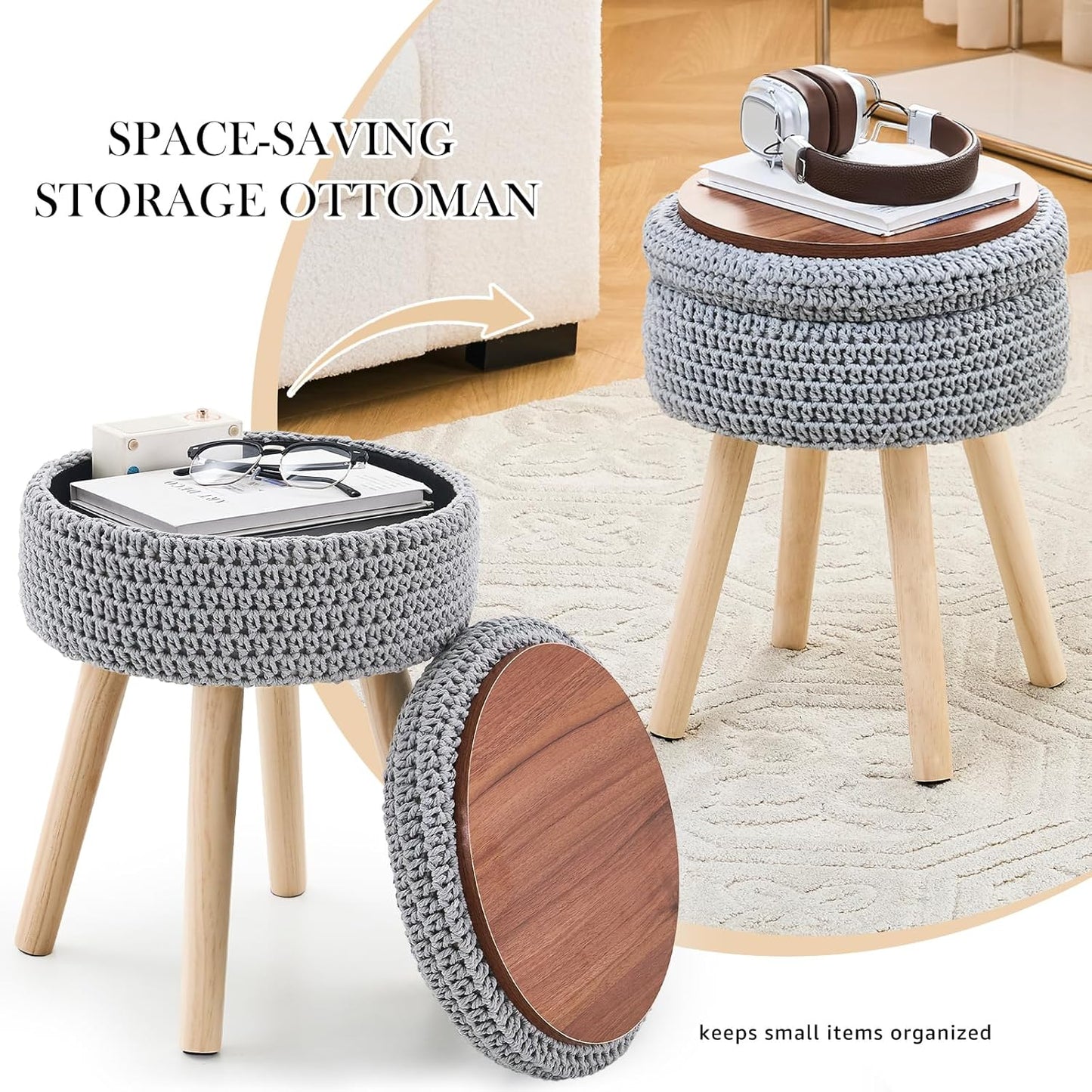Round Foot Stool Ottoman with Storage Footrest with Wood Legs Cotton Knitted Vanity Stool Tray Top Coffee Table Multifunctional Upholstered Footstool for Living Room Bedroom Grey