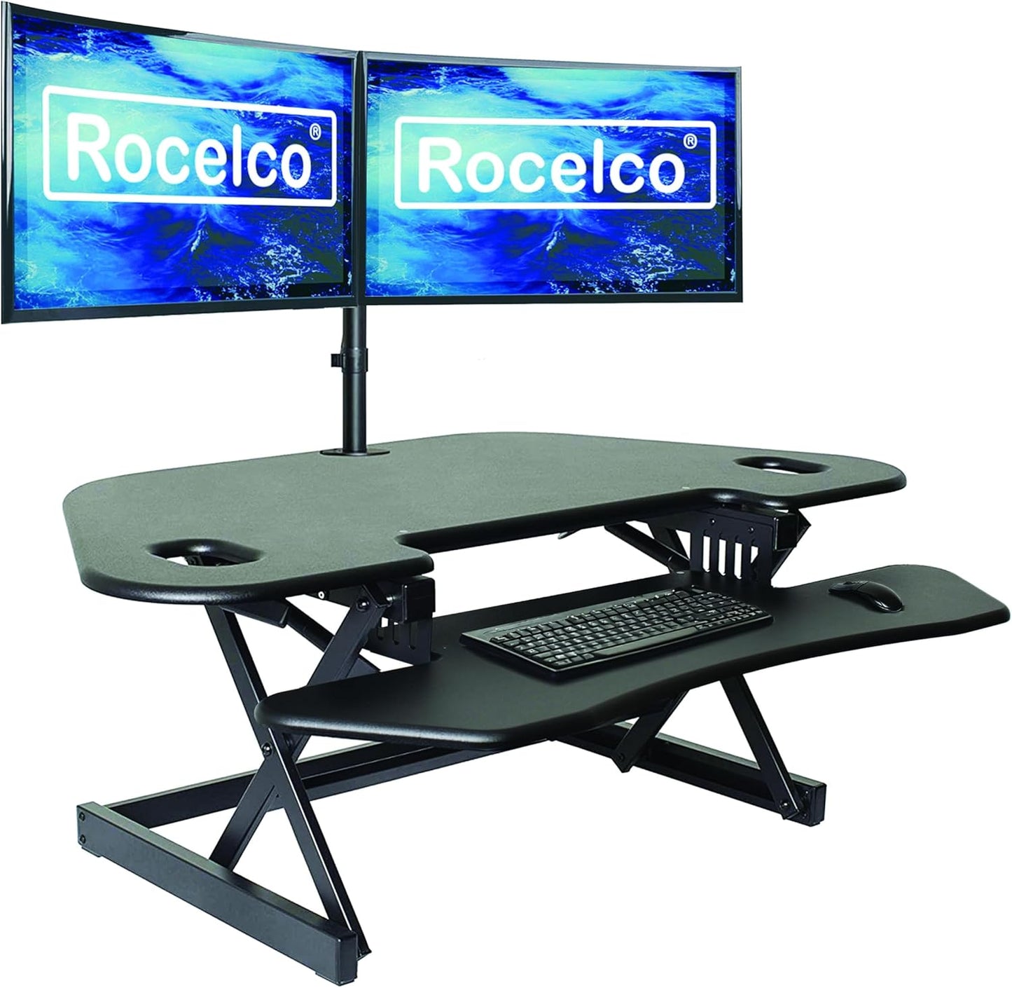 Rocelco 46" Height Adjustable Corner Standing Desk Converter with AC Outlet USB Charger and Dual Monitor Arm Mount - Stand Up Tabletop Riser Workstation - Keyboard Tray - Black (R CADRB-46-ACUSB-DM2)