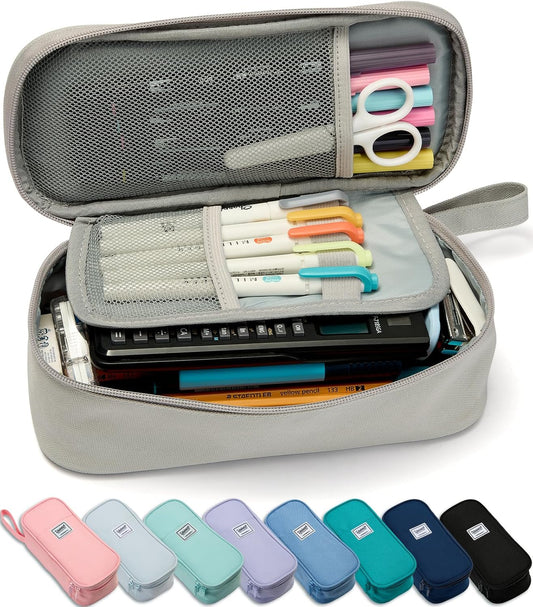 Pencil Case Pouch Box Bag School Supplies Girls Boys Kids, Cute Preppy Stuff Large Big Capacity Aesthetic Pen Organizer, Back to College Stationary, Gray, Classic Stlye, 1800ml