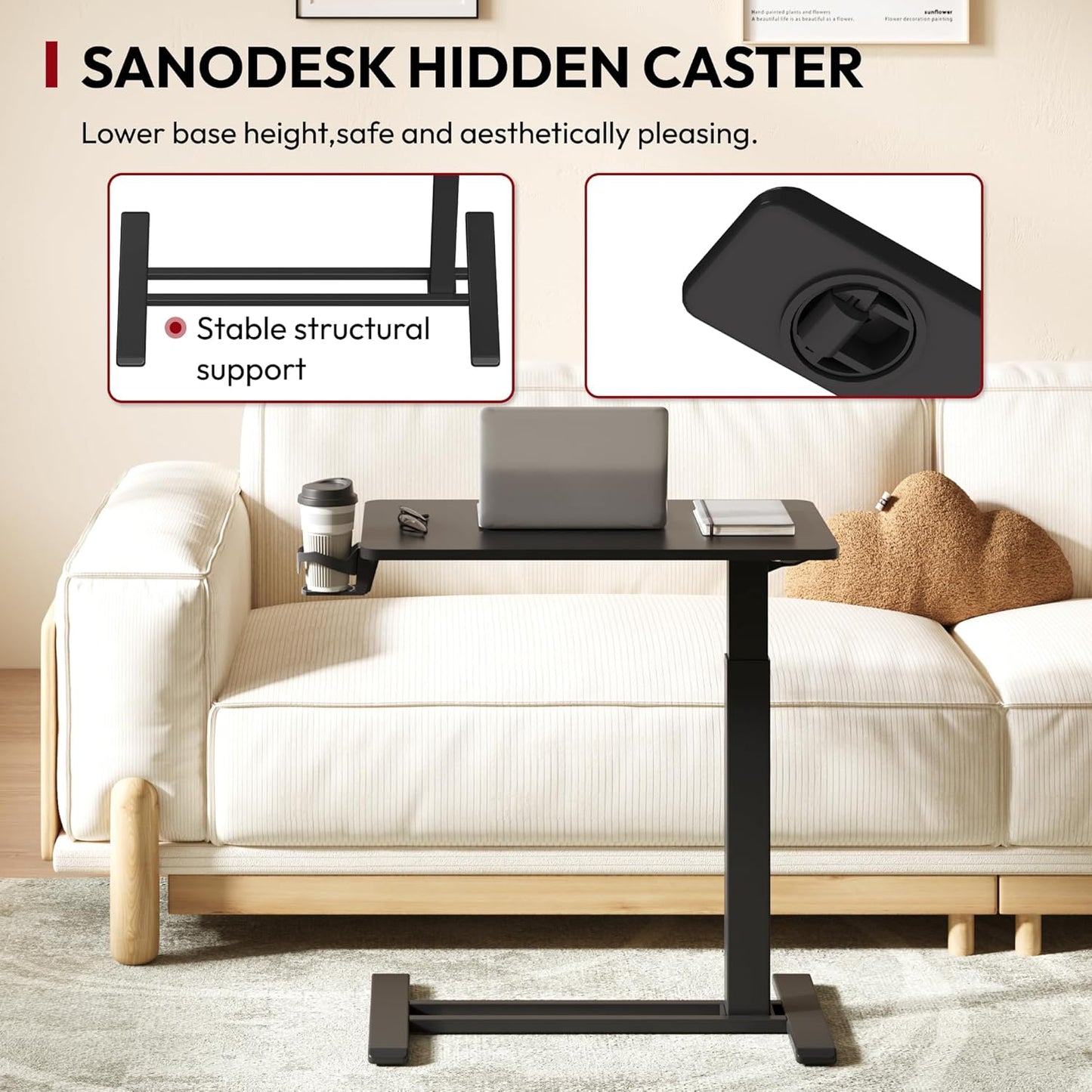 SANODESK Mobile Standing Desk with Hidden Wheels,Pneumatic Laptop Desk Rolling Computer Cart Movable Height Adjustable Small Sit Stand Desk for Home Office(27.6" W x 15.7" D, Black)