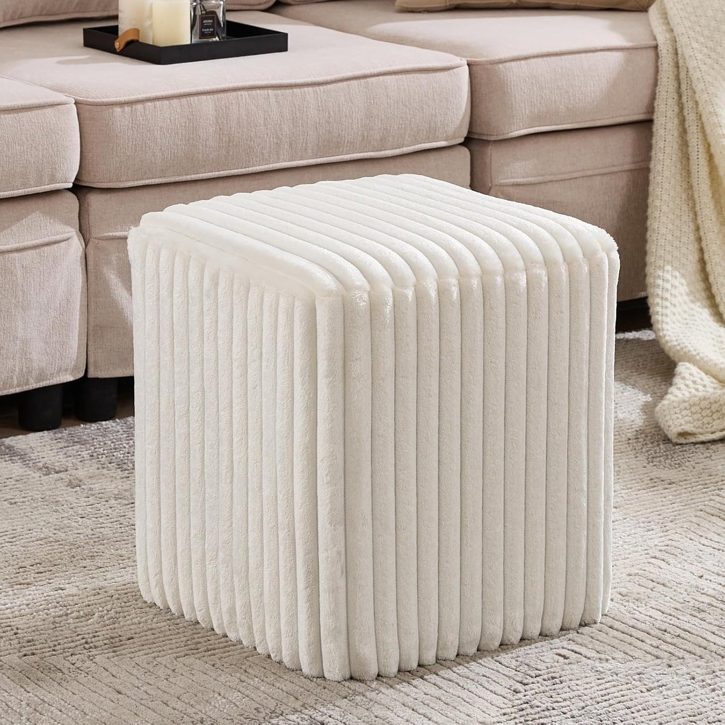 Modern Square Ottoman, Vertical Channel Tufted Foot Stool Ottoman, Velvet Upholstered Vanity Stool for Makeup, Bedroom, Living Room, White
