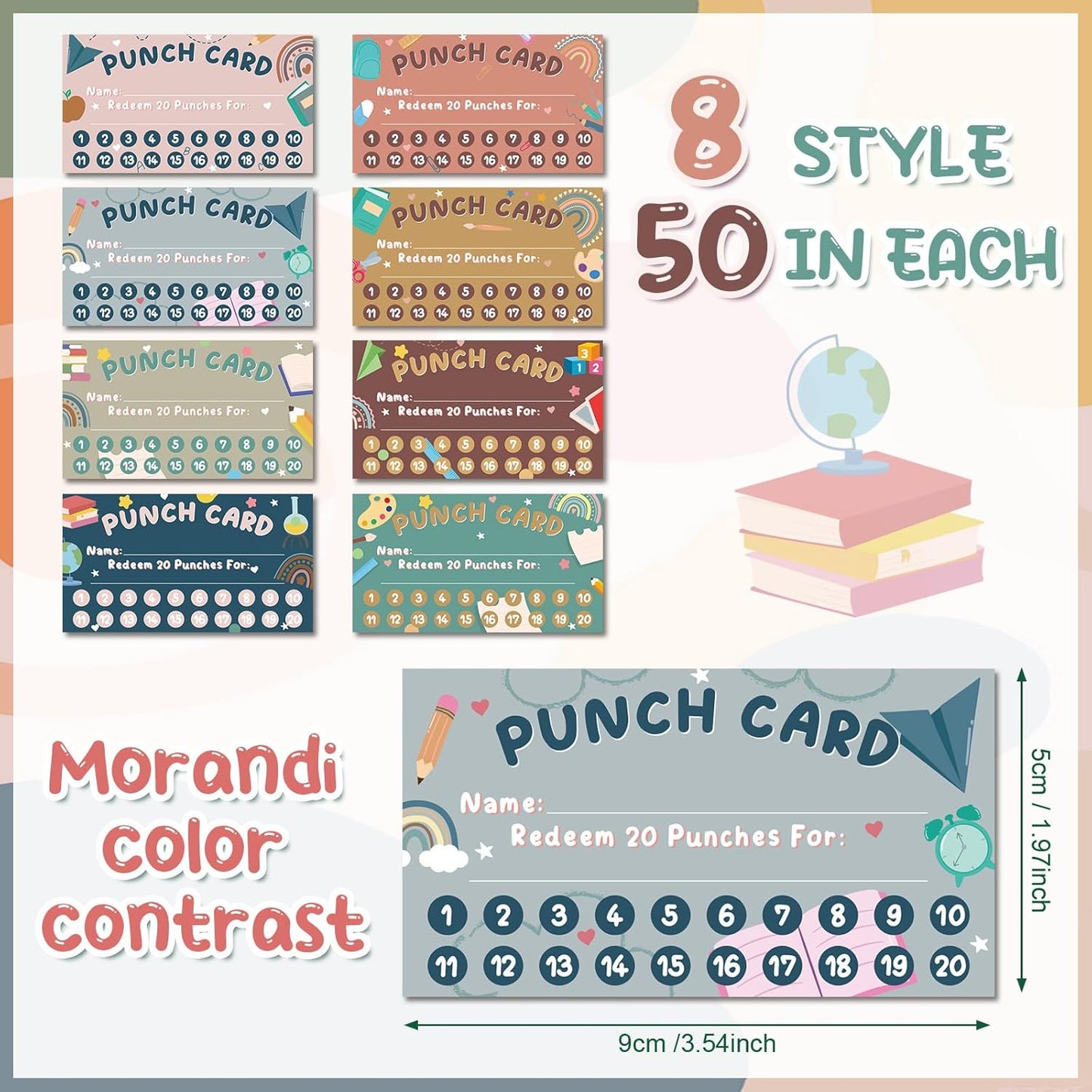 Fumete 400 Pcs Punch Cards for Classroom Reward Cards Behavior Incentive Loyalty Awards for Kids Students Teachers School Business, 8 Styles, 3.5 x 2 in(20 Morandi Punches Style)