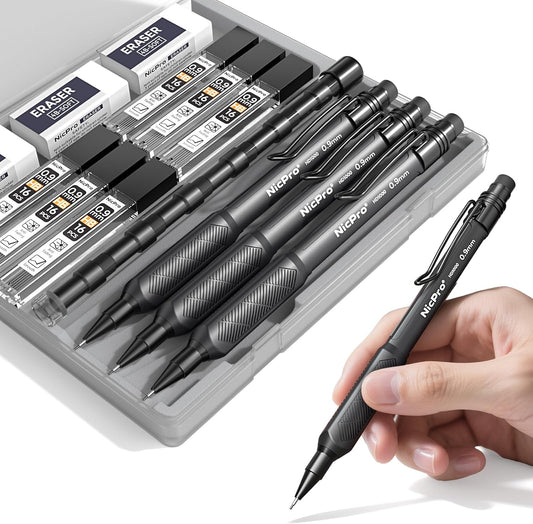 Nicpro Art Mechanical Pencil 0.9mm with Case, 3PCS HD1000 Hevey Duty Lead Pencils With 6 Tube HB 0.9 Lead Refill, Eraser, Weatherproof Barrel Pencil Set for Outdoor Writing Drafting Drawing Sketching