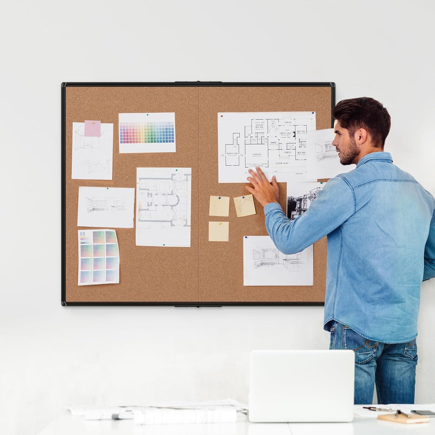 Board2by Extra Large Cork Bulletin Board 48" X 48", Foldable Notice Pin Board for Wall, Black Aluminum Framed 4'x4' Corkboard, Wall Mounted Noticeboard with 36 Push Pins for School, Home & Office