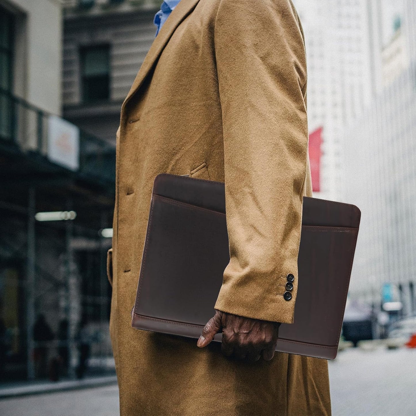 Genuine Leather Portfolio with Front Pocket for Men and Women, 8.5 x 11 Legal Pad Notepad Holder, Zippered Business Organizer, Professional Executive Letter Notebook Folder for Work, Dark Brown