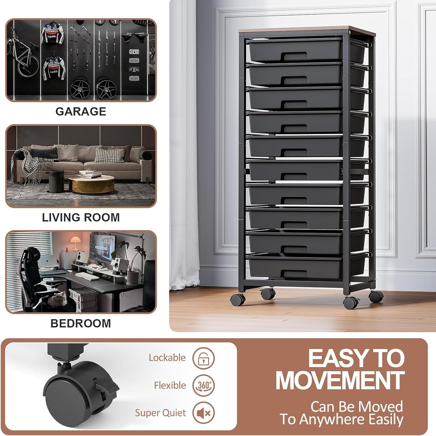 Rolling Cart with Drawers,10 Drawer Rolling Cart,Storage Cart,Utility Cart,Teacher Cart for Classroom Storage,Craft Cart with Wheels and Wooden Tabletop,Black