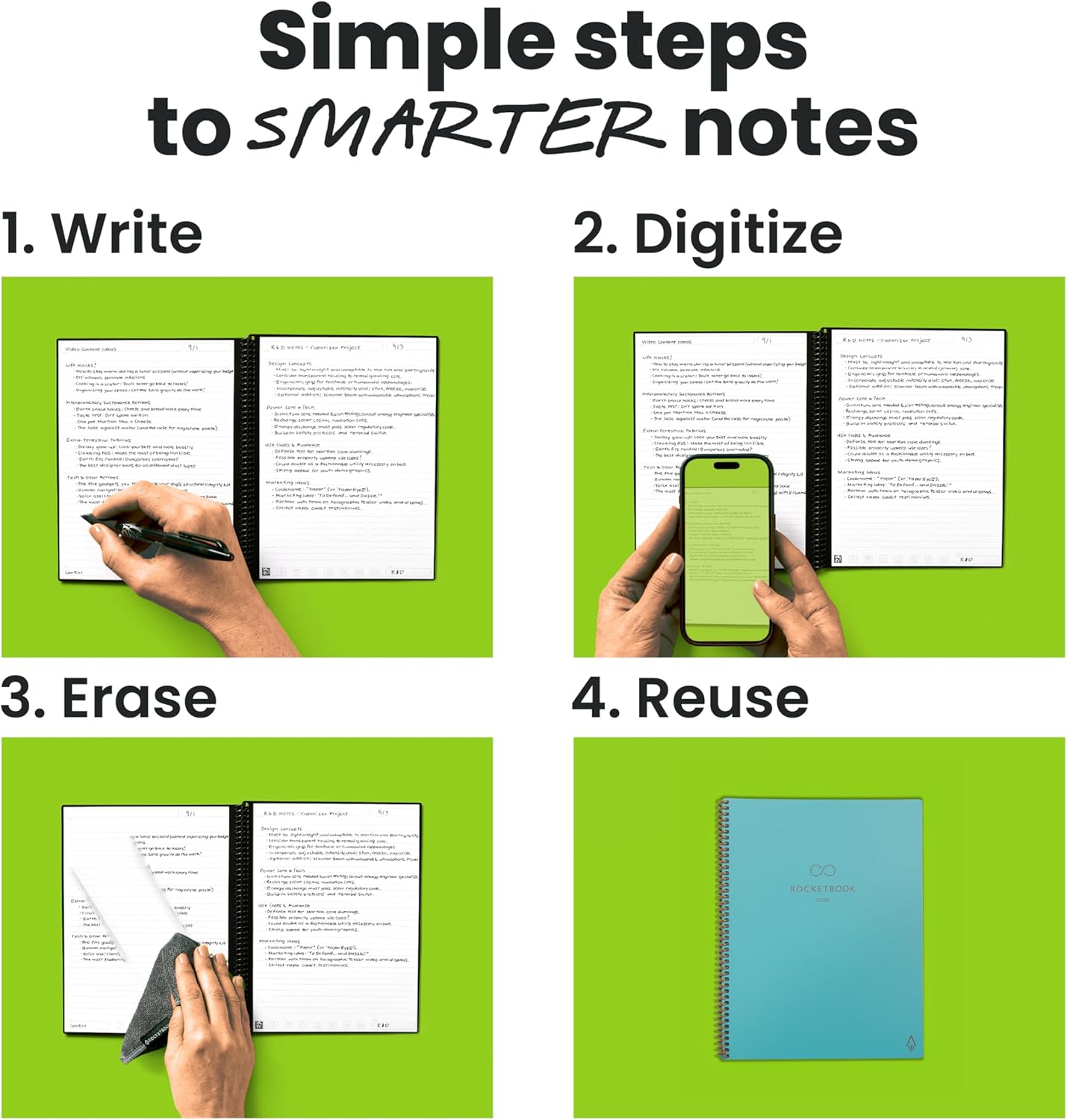 Rocketbook New Core Reusable Spiral Notebook, Letter Size 8.5x11, Teal - Lined Pages, App-Connected, Erasable, Durable Cover, Ideal for School, Work, and Creative Projects