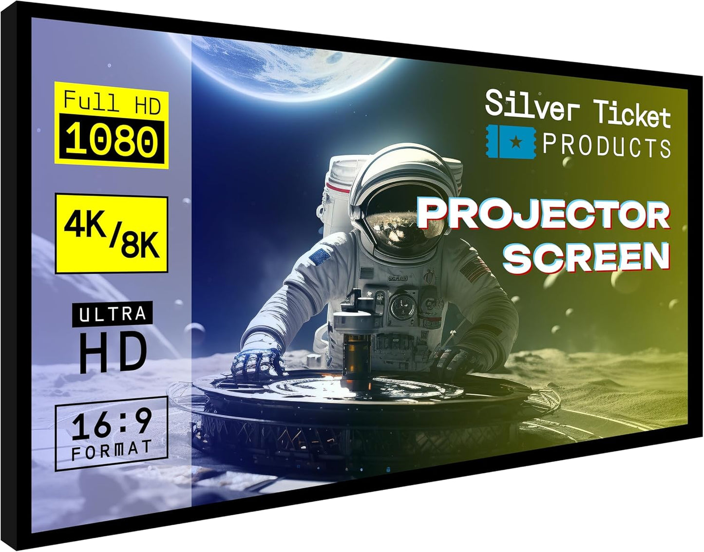 Silver Ticket Products STR Series 6 Piece Home Theater Fixed Frame 4K / 8K Ultra HD, HDTV, HDR & Active 3D Movie Projection Screen, 16:9 Format, 135" Diagonal, Woven Acoustic Material STR-169135-WAB