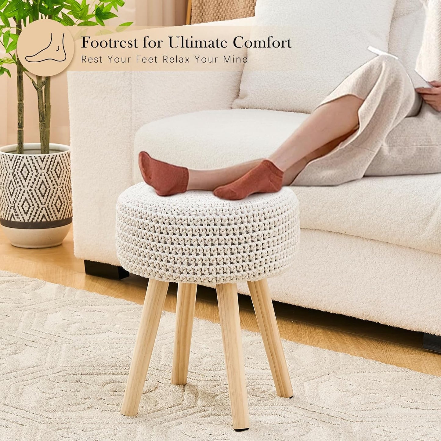 Cotton Knitted Ottoman Round Footstool Vanity Stool Modern Stool Ottoman Footrest Stool with Non-Skid Wood Legs for Living Room Bedroom White