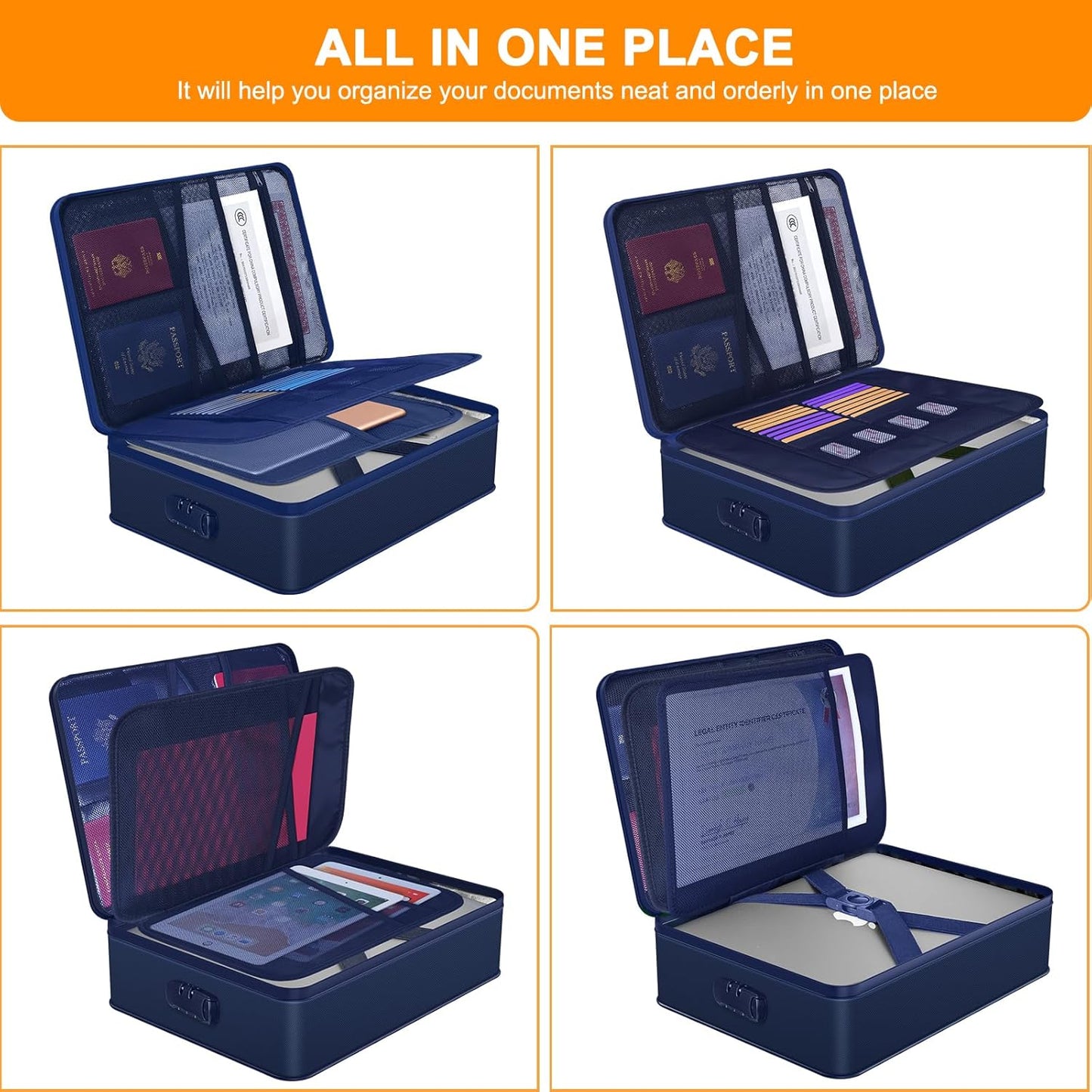 Noiposi Document Organizer with 5200℉ Heat Insulated,Waterproof and Fireproof Document Box,Portable Home Travel Safe Storage Box for Important Documents,File and Birth Certificate，Blue