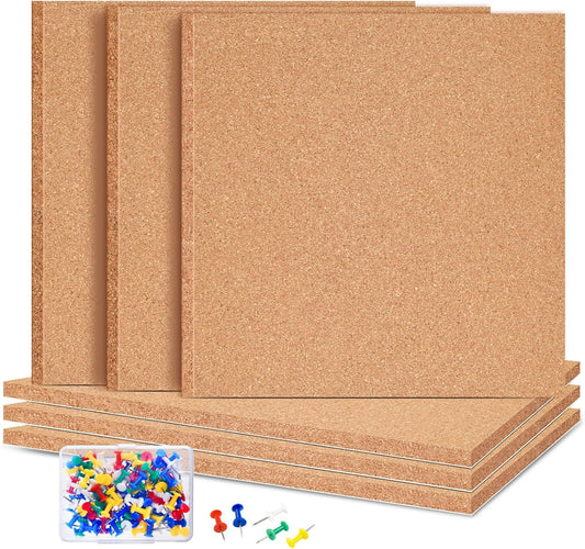 6 Pac Self-Adhesive Square Cork Boards for Wall with 100 Push Pins for Bulletin Boards Cork Wall Home School Office Decorative（12"x12"x1/4" ）