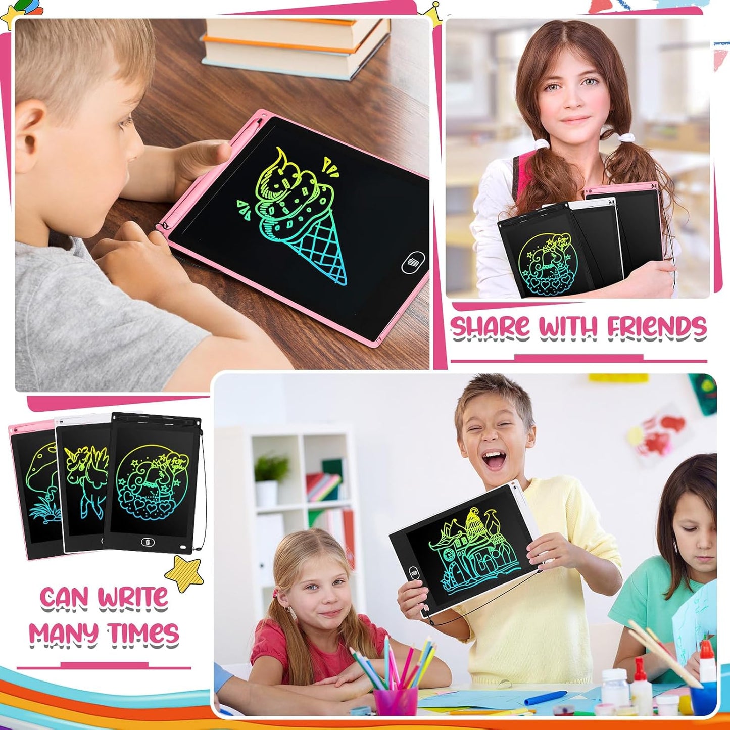 Zhehao 24 Pieces LCD Writing Tablet Doodle Board 8.5 Inch Colorful Reusable Screen Board Pad Reusable Drawing Writing Learning Educational Pad Toys for Girls Boys 8-10 3-10(Simple Round Style)