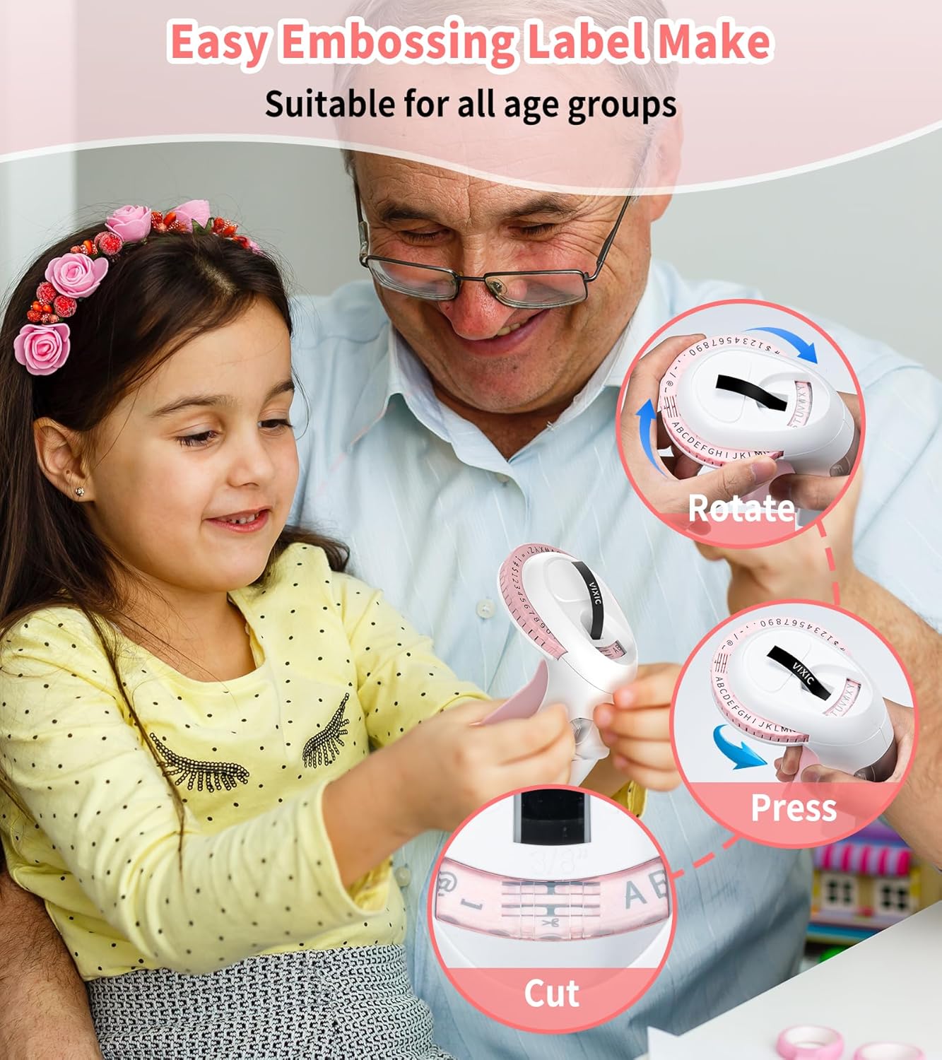 Embossing Label Maker Machine with Tapes, Vintage Embossed Label Maker, Retro Embossing Machine with 10 Rolls 9mm 3D Embossing Label Tapes for Home Office Kids DIY Crafting School, Pink