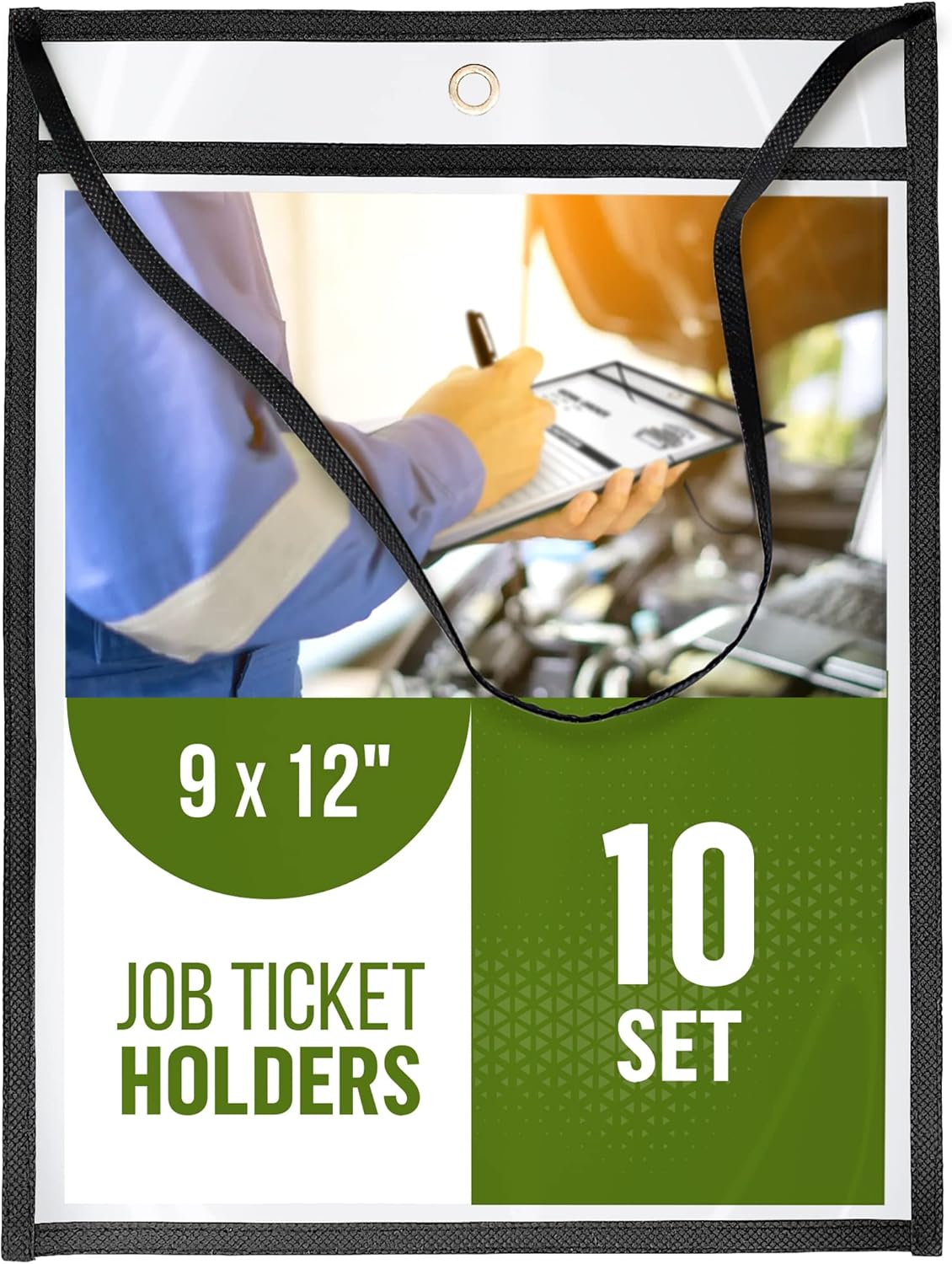 10 Pack Hanging Job Ticket Holders with Strap 9x12 in - Black Shop Ticket Holders with Hanging Strap - Heavy Duty Work Order Plastic Sleeves 9 x 12 in - Clear Plastic Sleeve - Hanger Dry Erase Pockets