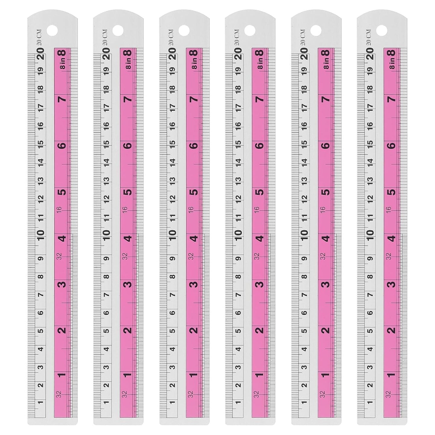 HARFINGTON 6pcs Metal Straight Ruler 20cm Metric SAE Aluminum Alloy Measuring Rulers Scale Tools with Hole for Measure Study Reading Classroom Office, Pink