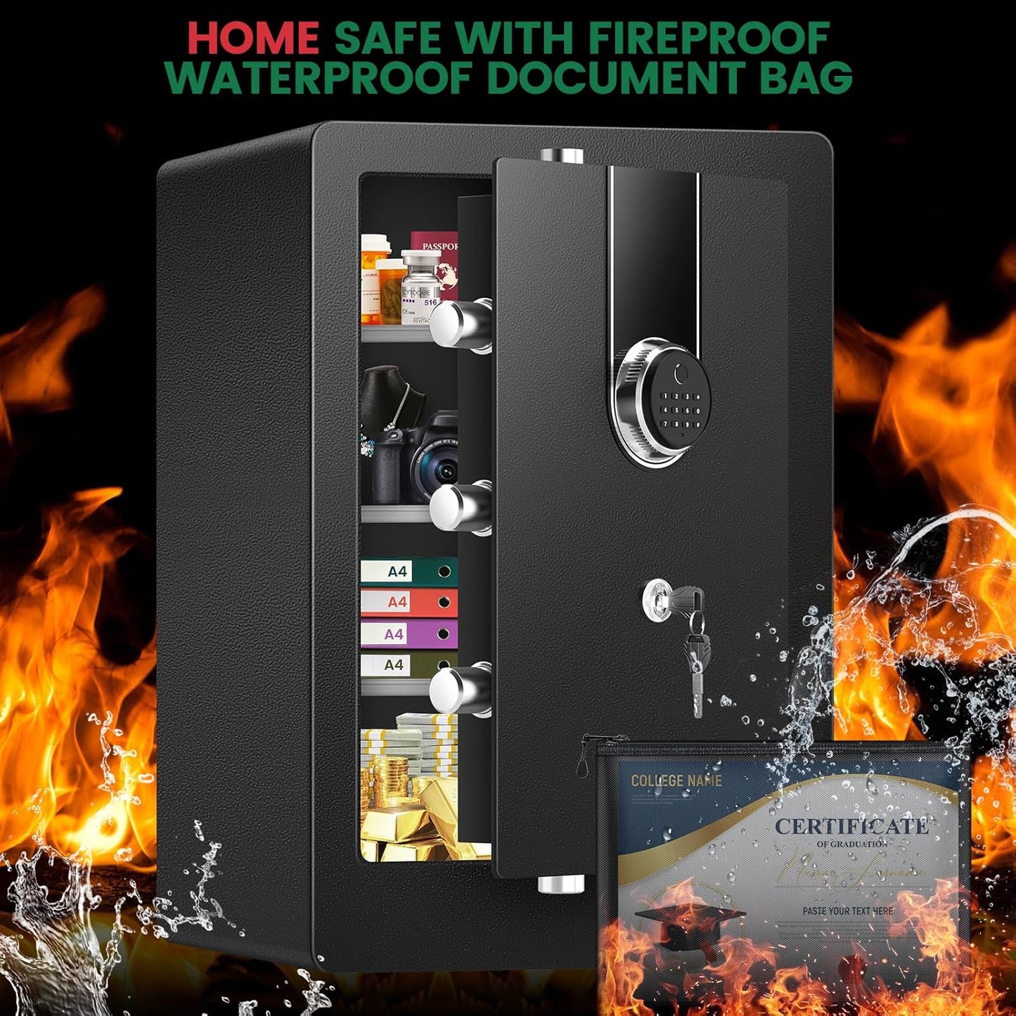 5.5 Cuft Biometric Fireproof Safe For Home, Heavy Duty Safe Box Fireproof Waterproof, Large Document Safety With Keypad and Dual alarms, Digital Security Safety Box for Money Jewelry