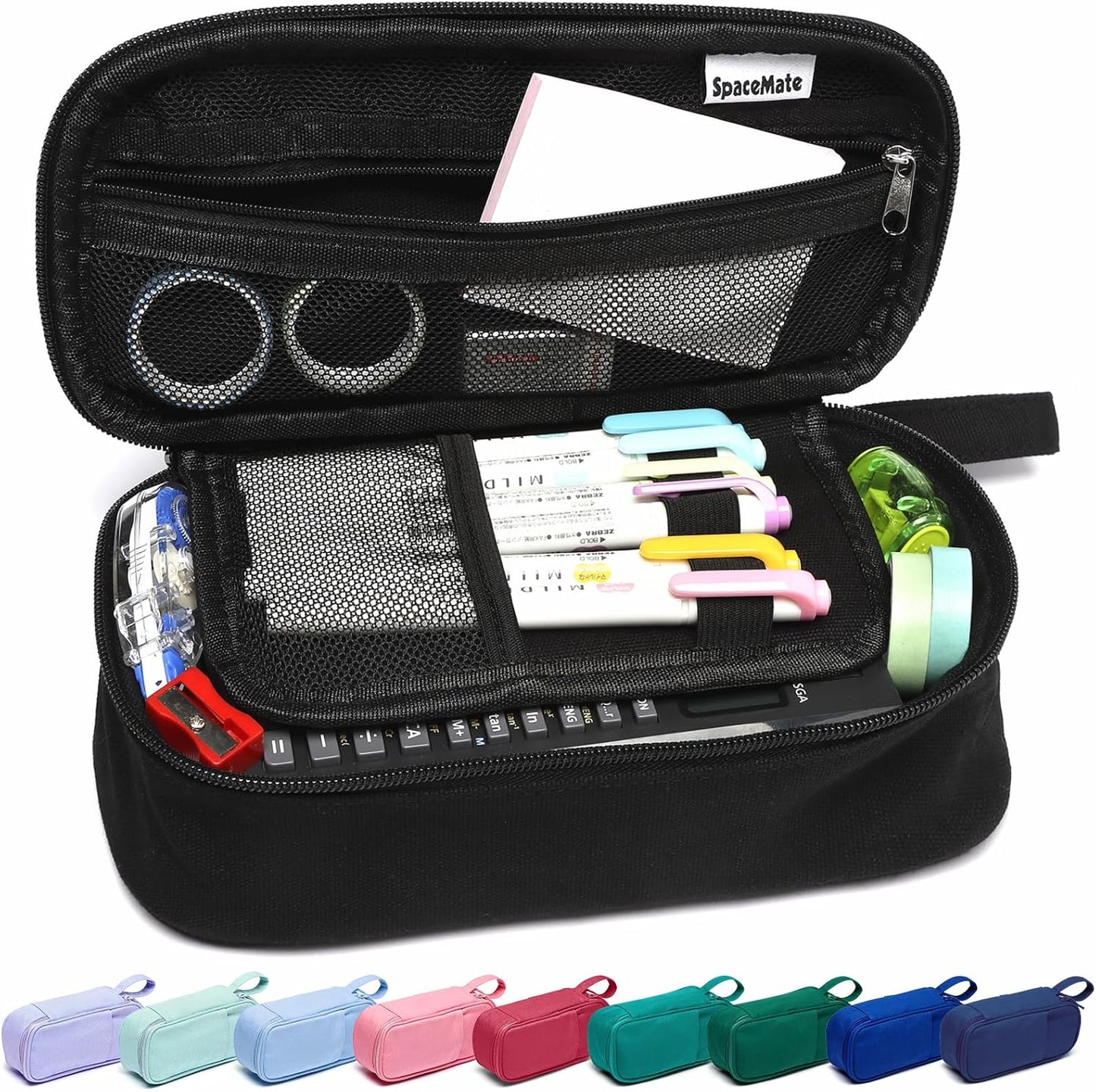 Pencil Case Pouch Box Bag School Supplies Girls Boys Kids, Cute Preppy Stuff Large Big Capacity Aesthetic Pen Organizer, Back to College Stationary, Coal Black, Heavy Duty Canvas, 1800ml