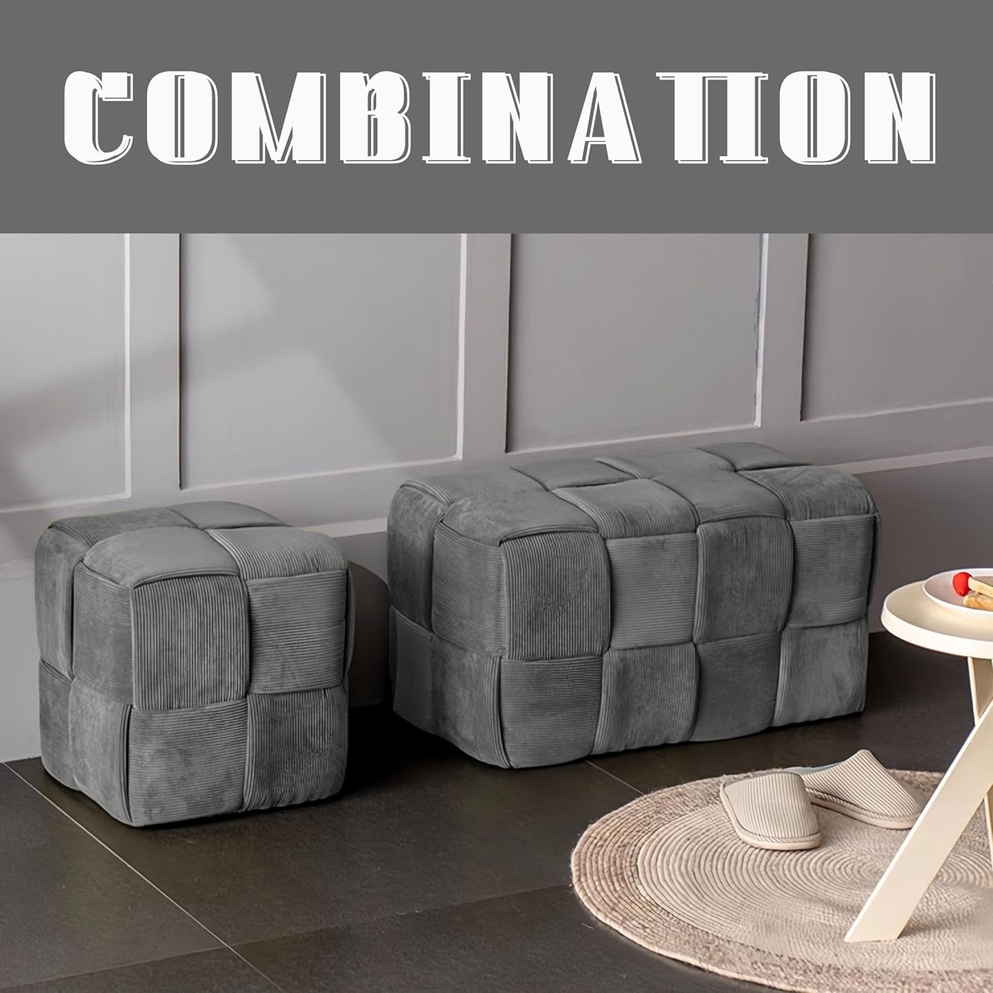 Ottoman Foot Rest Soft and Comfortable Ottoman Square Corduroy Woven Design Sofa Stool (Grey-L)